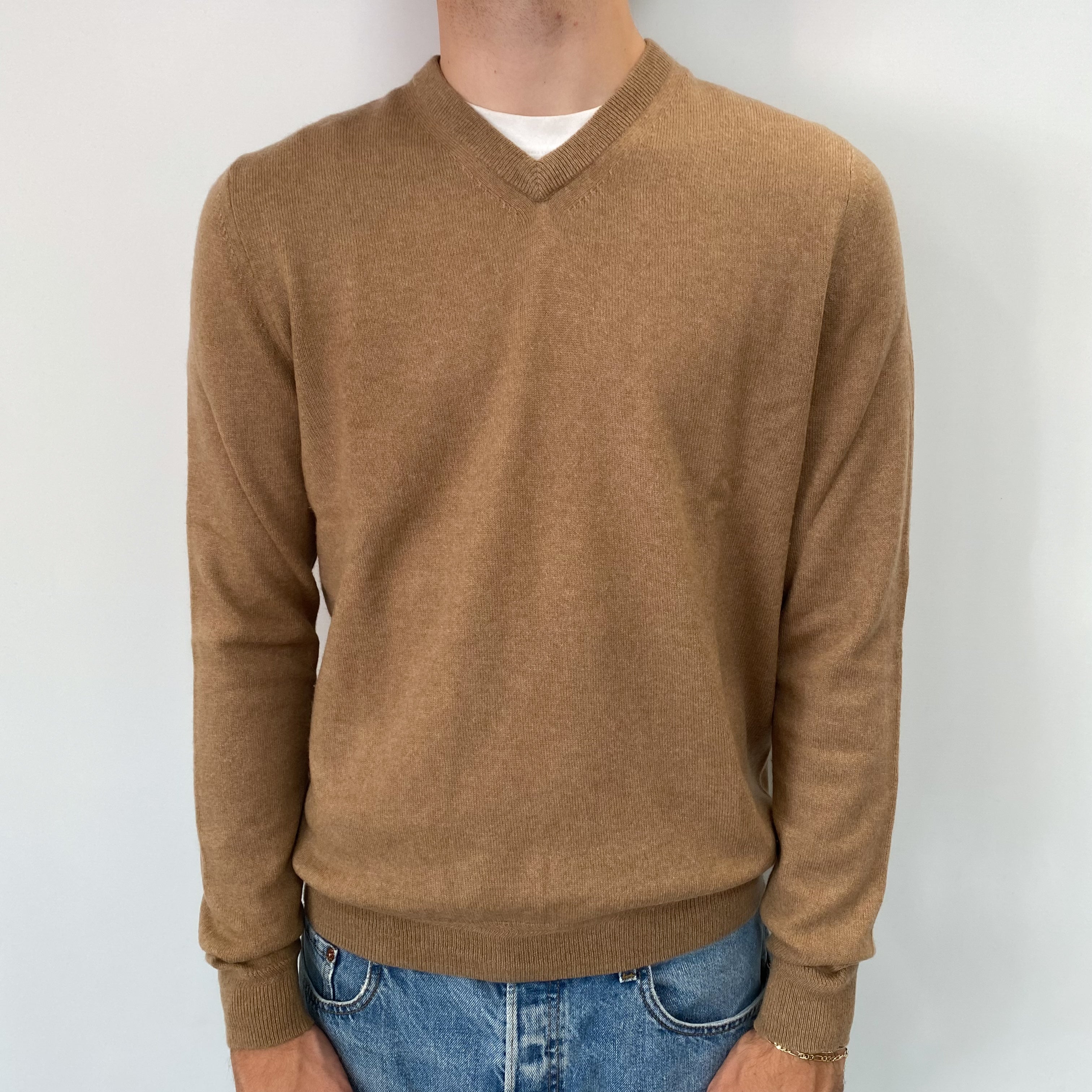 Men's Caramel Brown Cashmere V Neck Jumper Medium