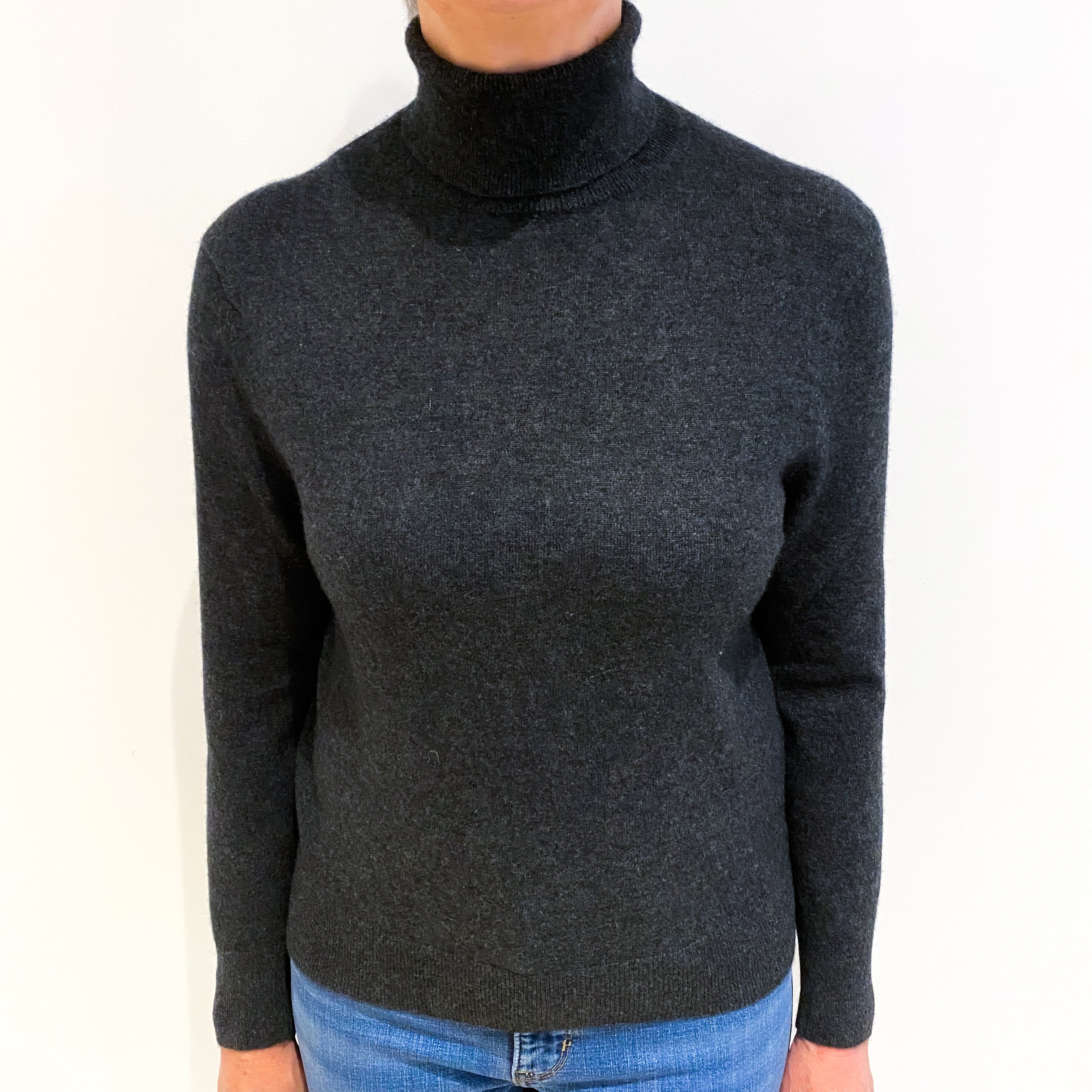 Charcoal Grey Cashmere Polo Neck Jumper Medium