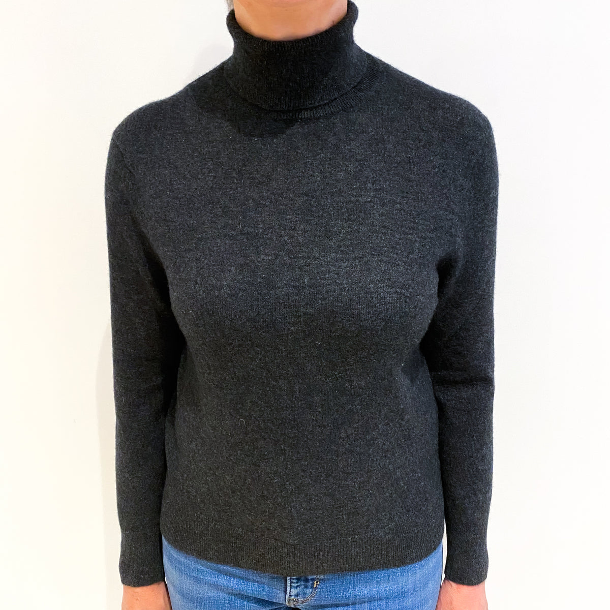 Charcoal Grey Cashmere Polo Neck Jumper Medium
