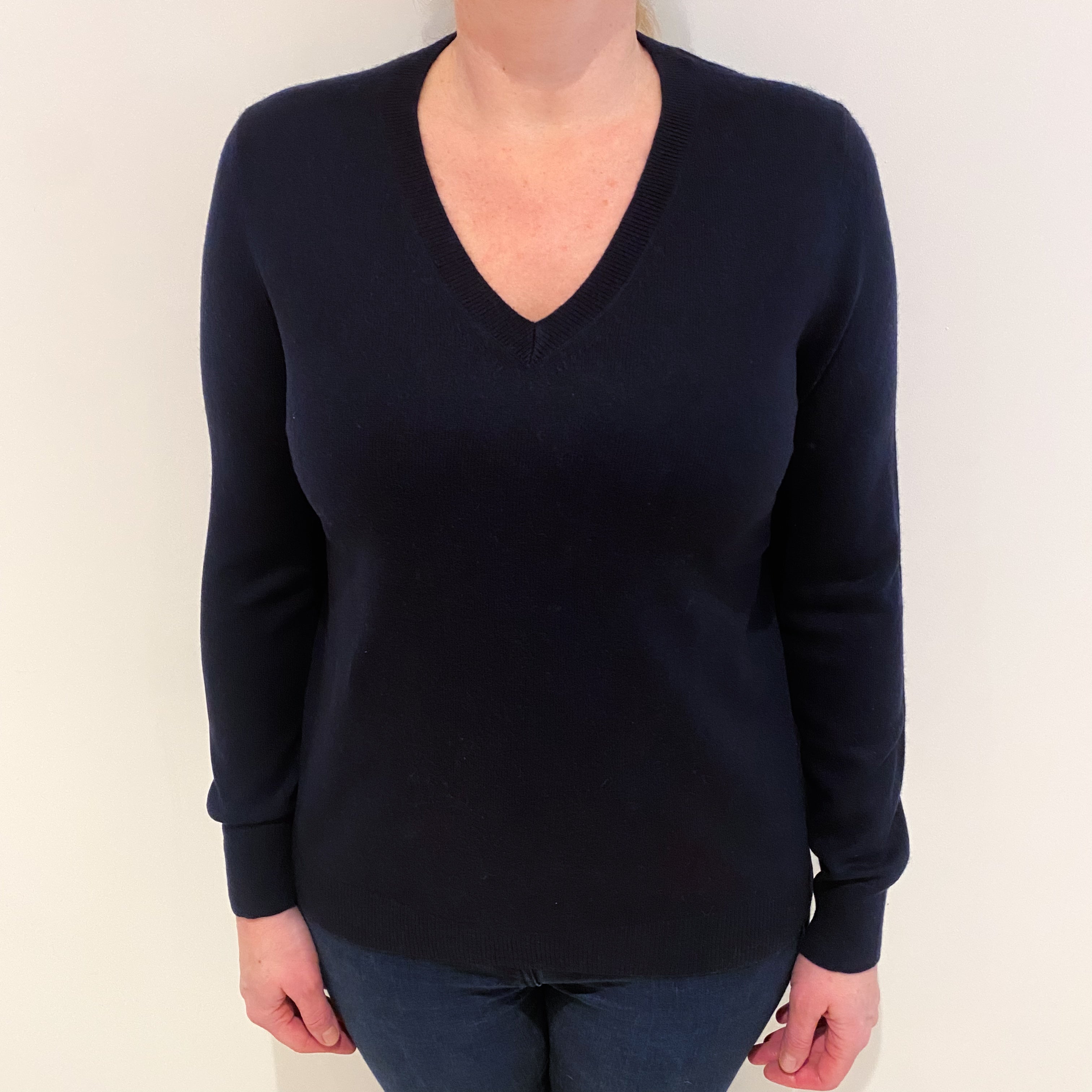 Navy Cashmere V Neck Jumper Large