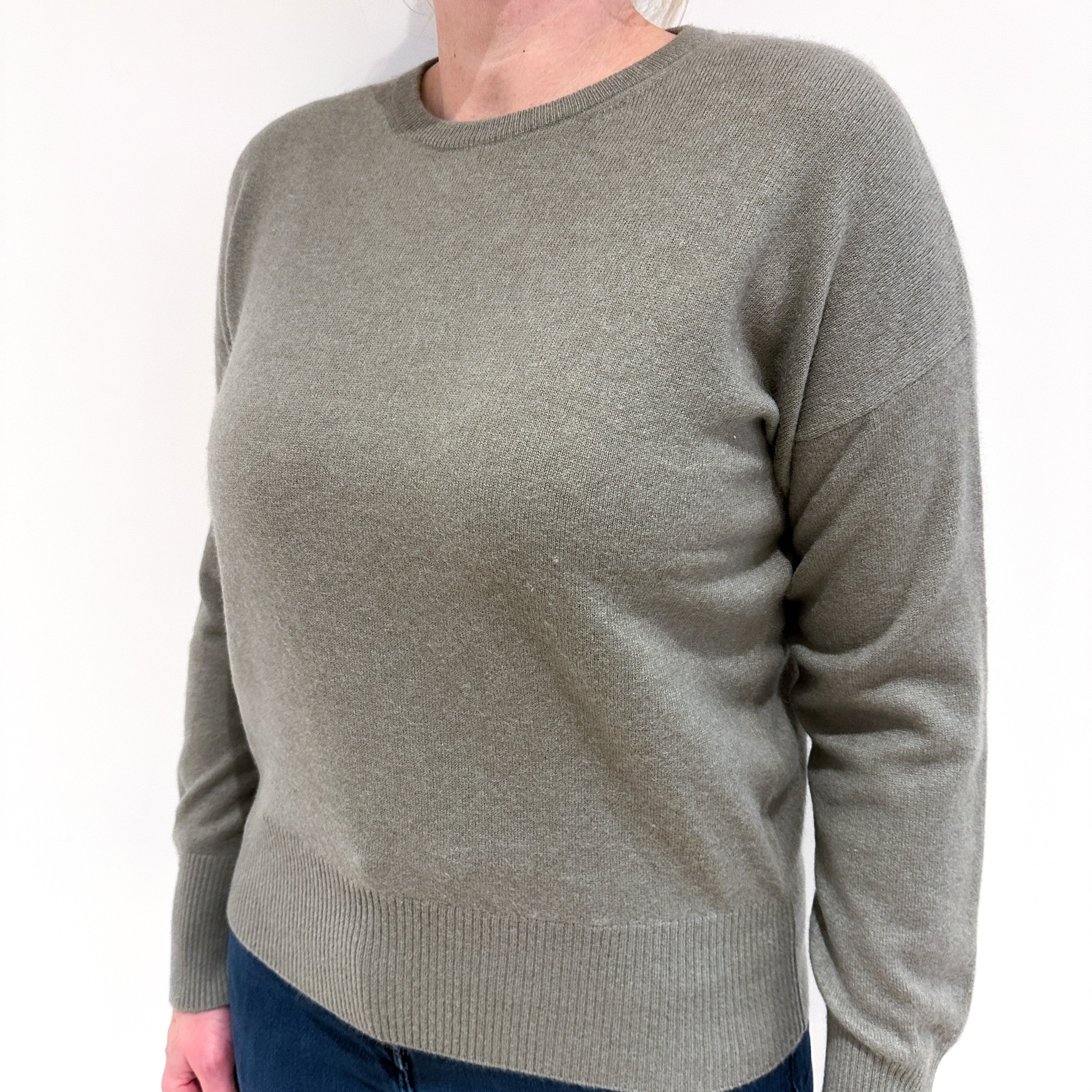 Muted Olive Green Cashmere Crew Neck Jumper Large