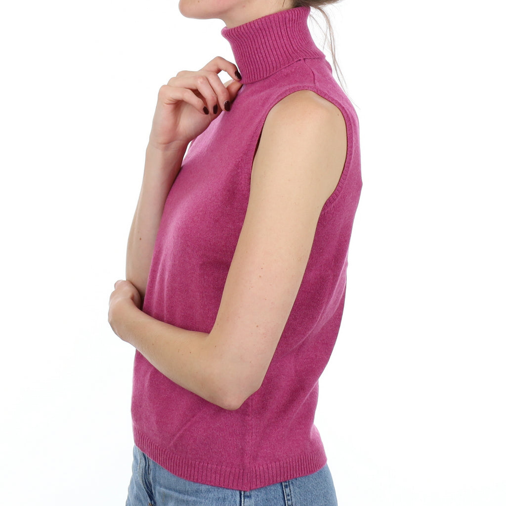 Heather Pink Cashmere Sleeveless Polo Neck Jumper Small