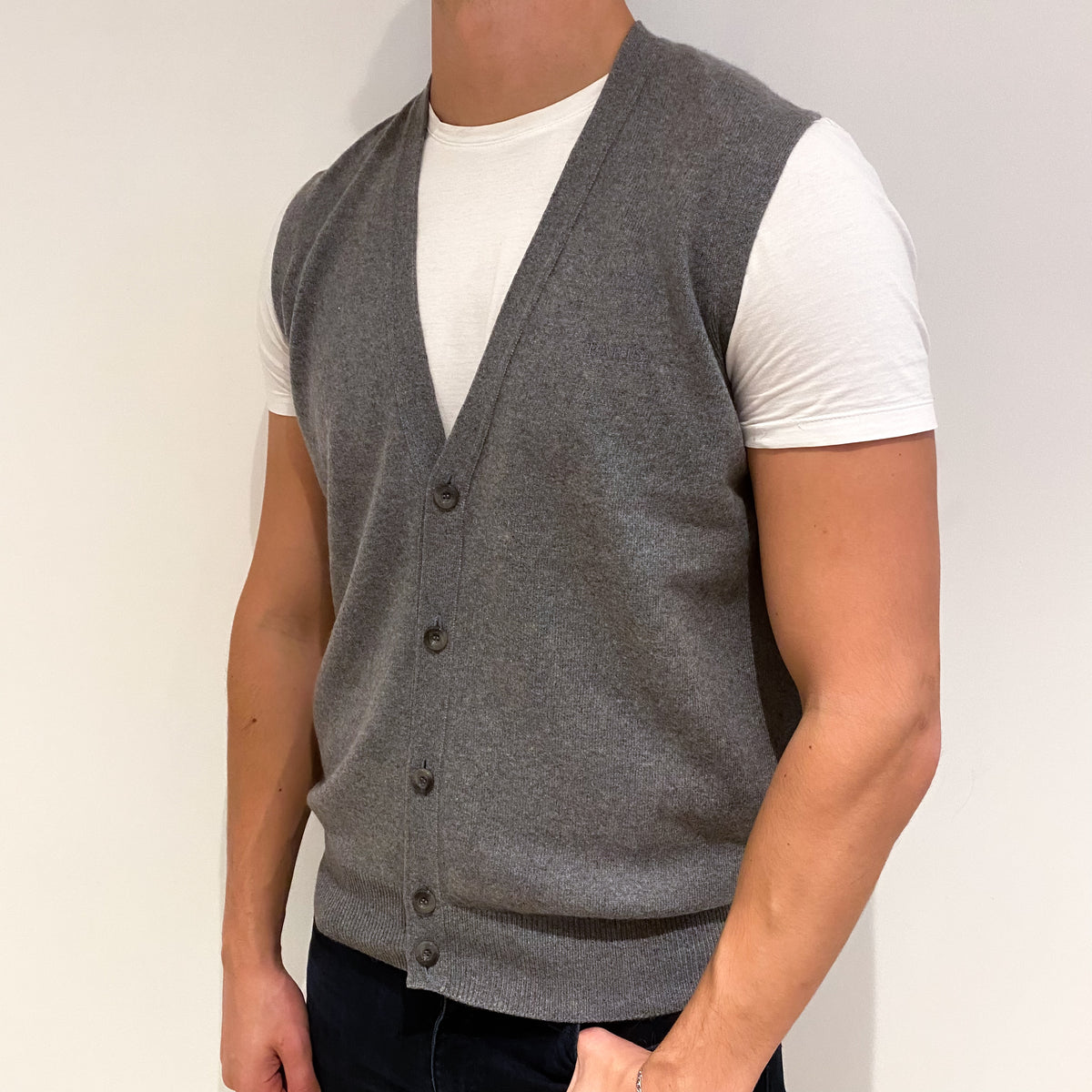 Men's Ash Grey Cashmere V-Neck Waist Coat Extra Large
