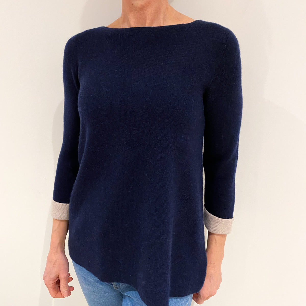French Navy Oatmeal Trim Cashmere Slash Neck Jumper Small