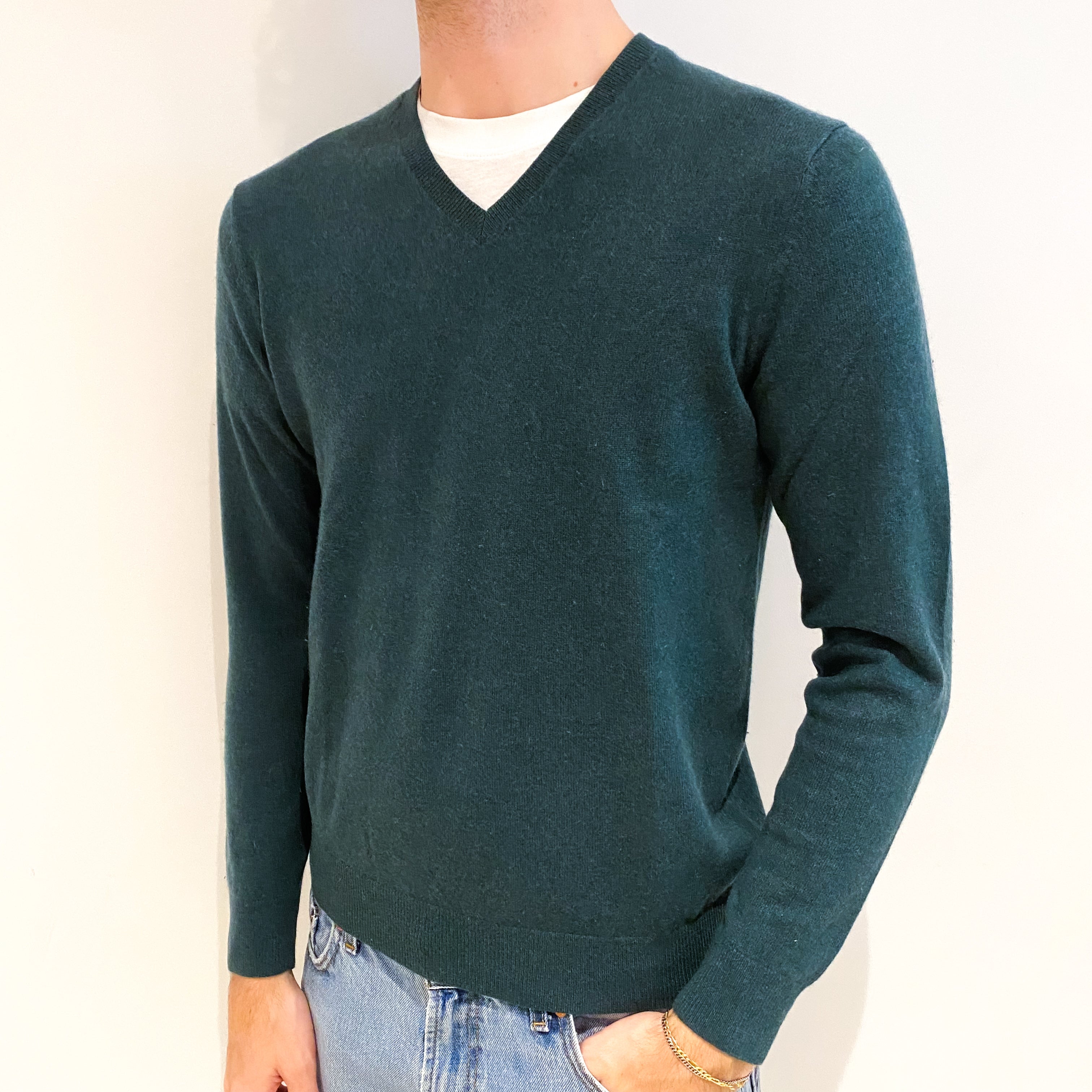 Men's Forest Green Cashmere V Neck Jumper Medium