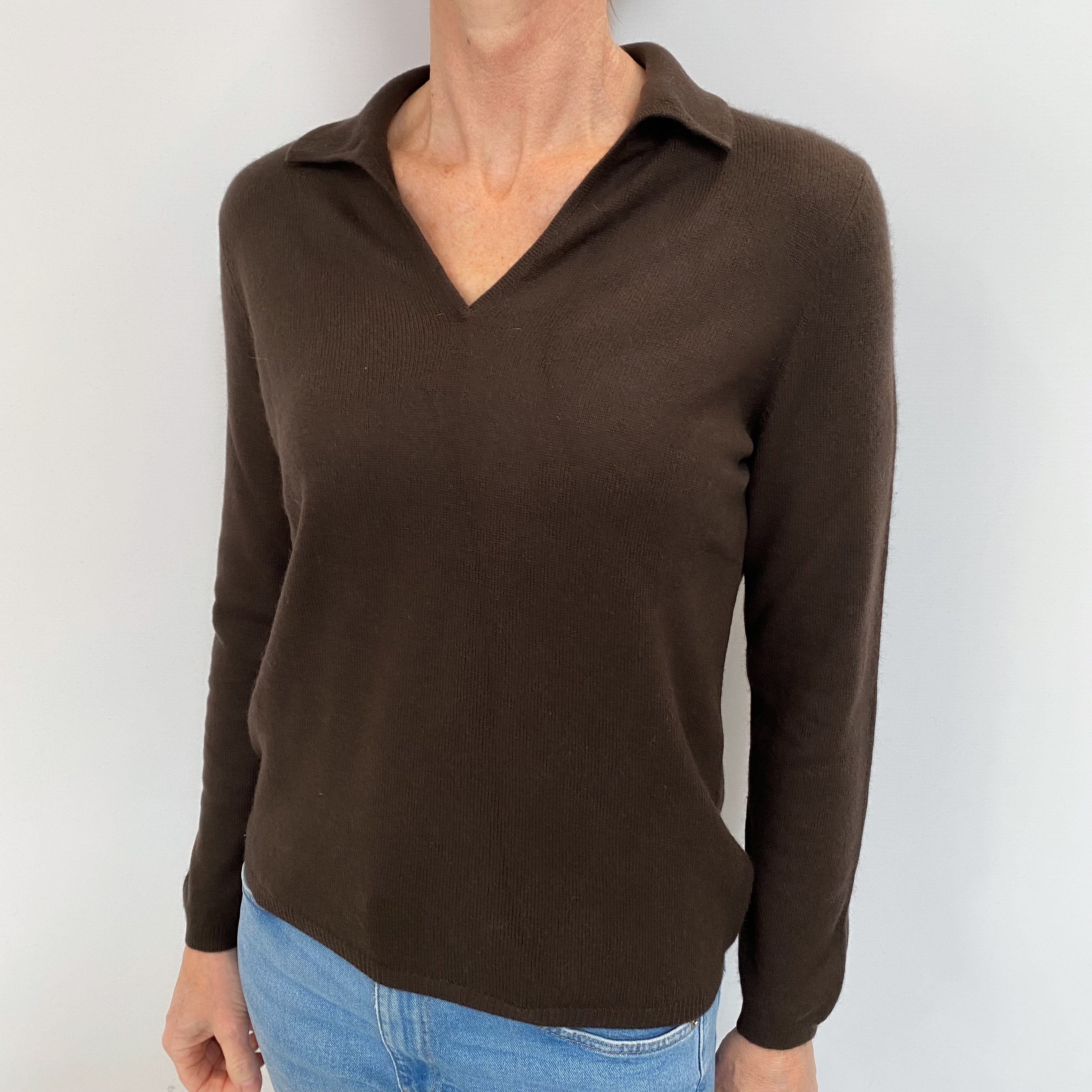 Dark Chocolate Brown Cashmere Collared V Neck Jumper Small