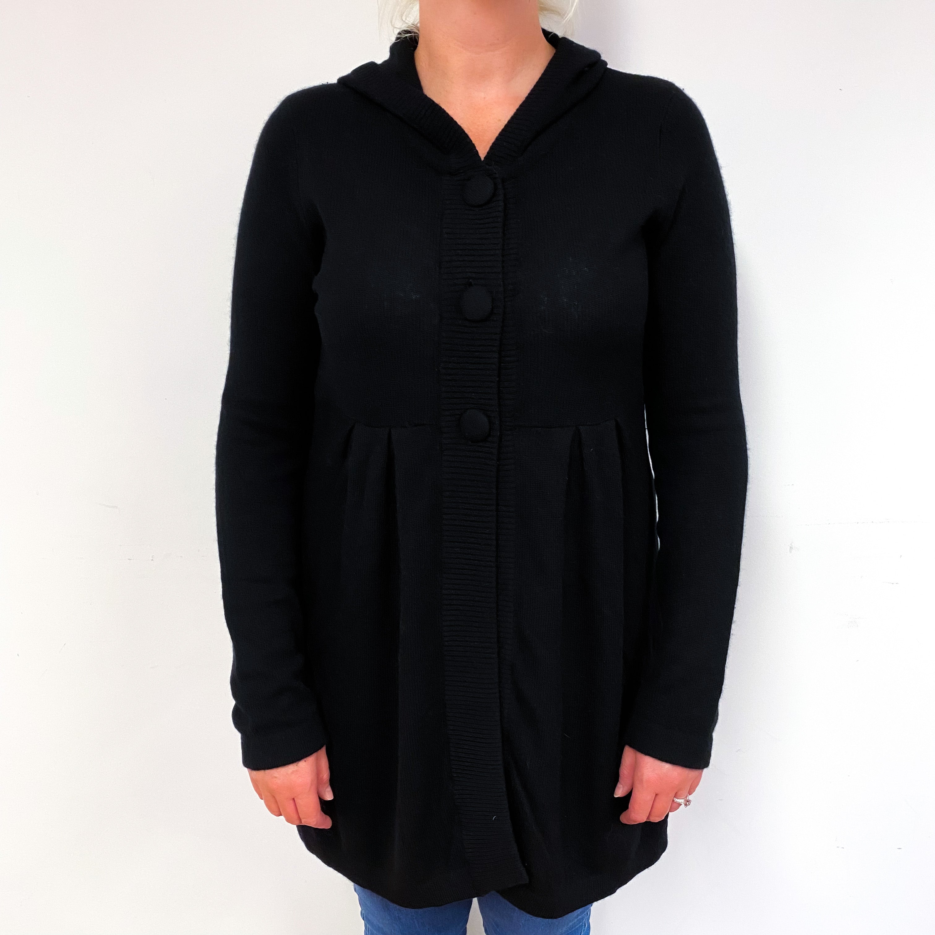 Black Cashmere Long Empire Cardigan with Hood Large