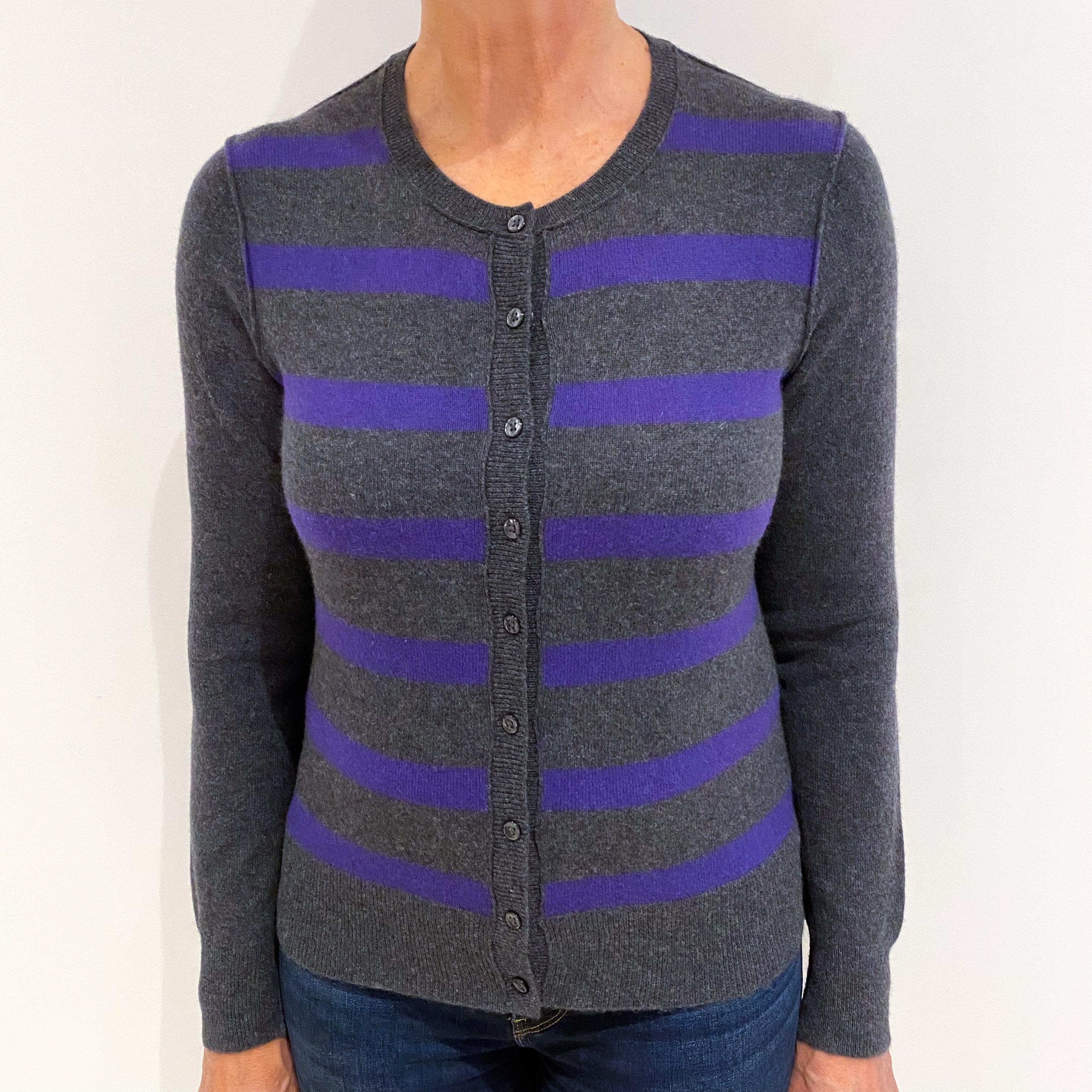 Slate Grey Purple Stripe Cashmere Crew Neck Cardigan Medium