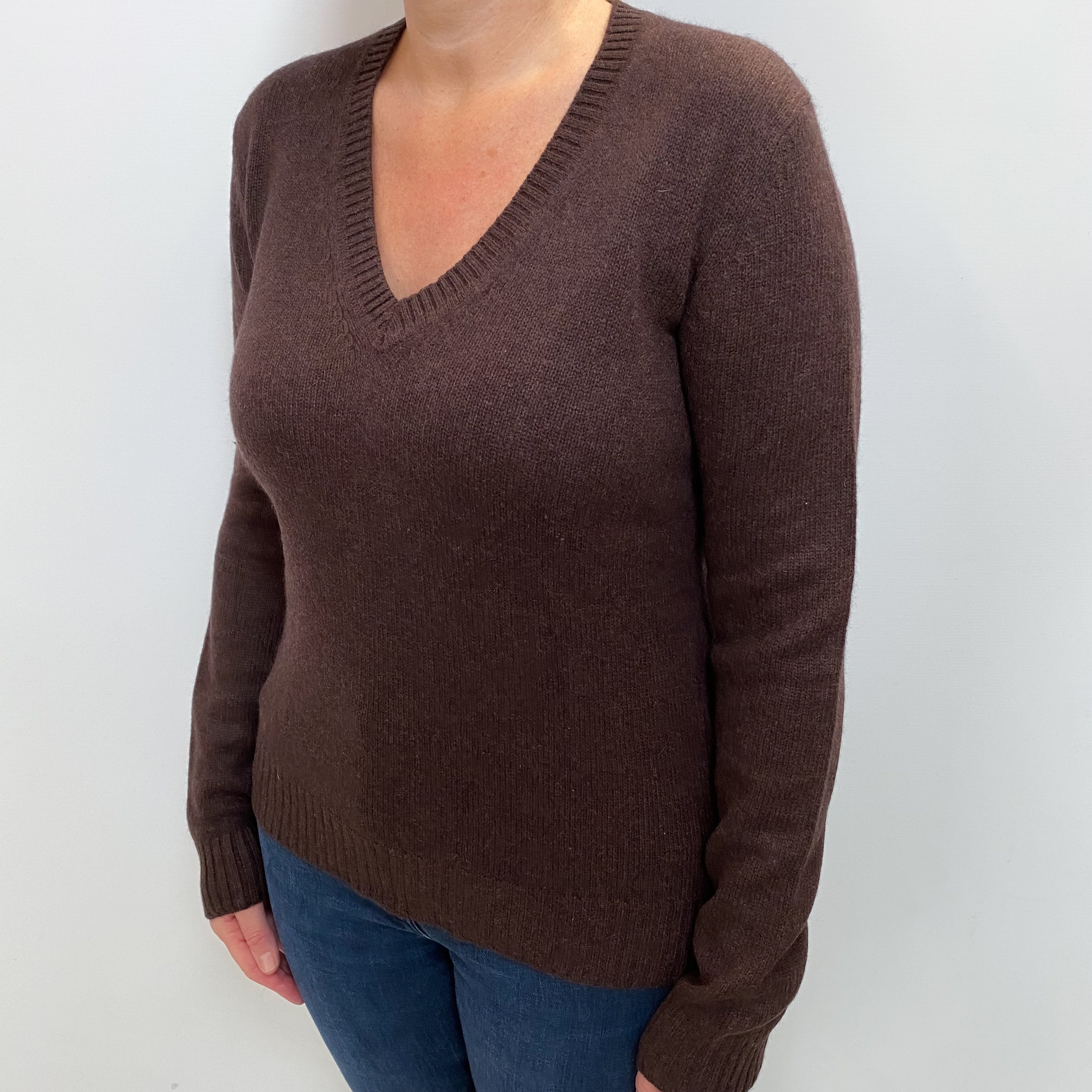 Peppercorn Brown Cashmere V Neck Jumper Large