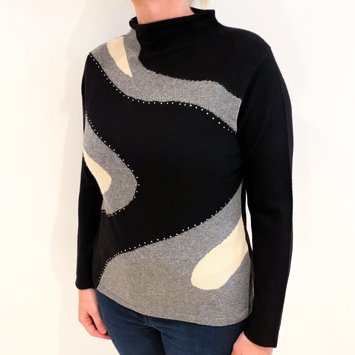 Black And Grey Patterned Cashmere Turtle Neck Jumper Large