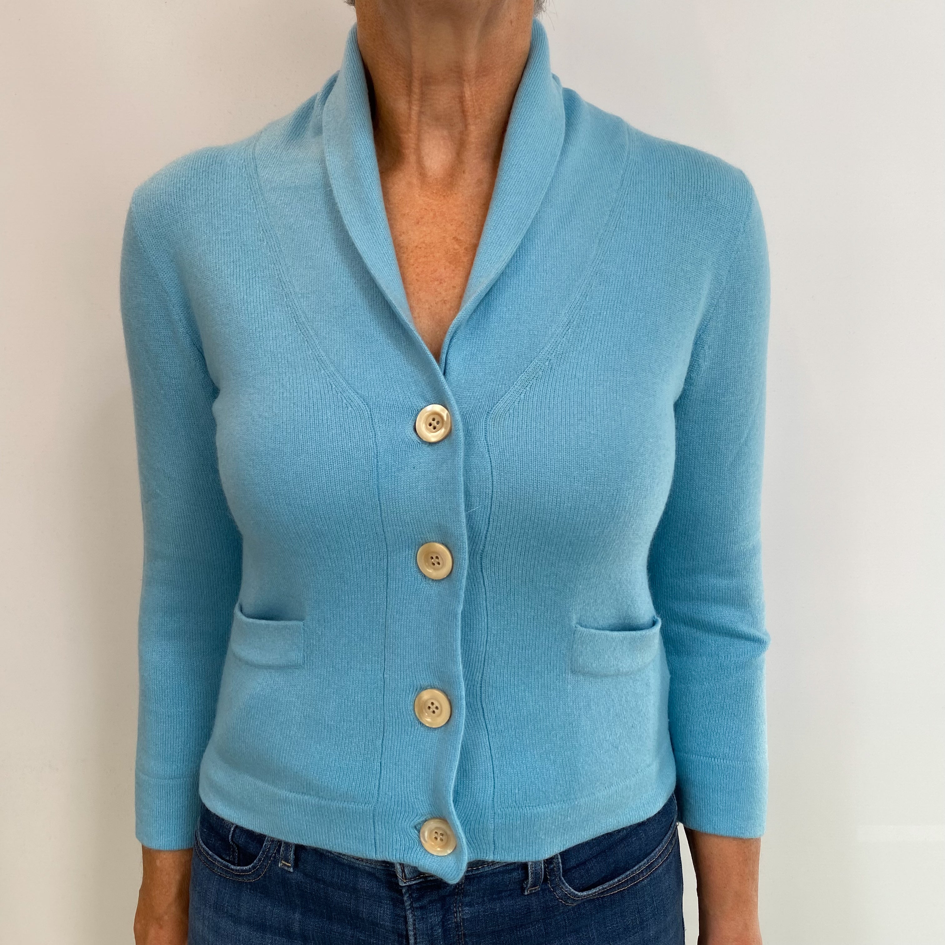 Aqua Blue Cashmere Shawl Collar Cardigan Medium