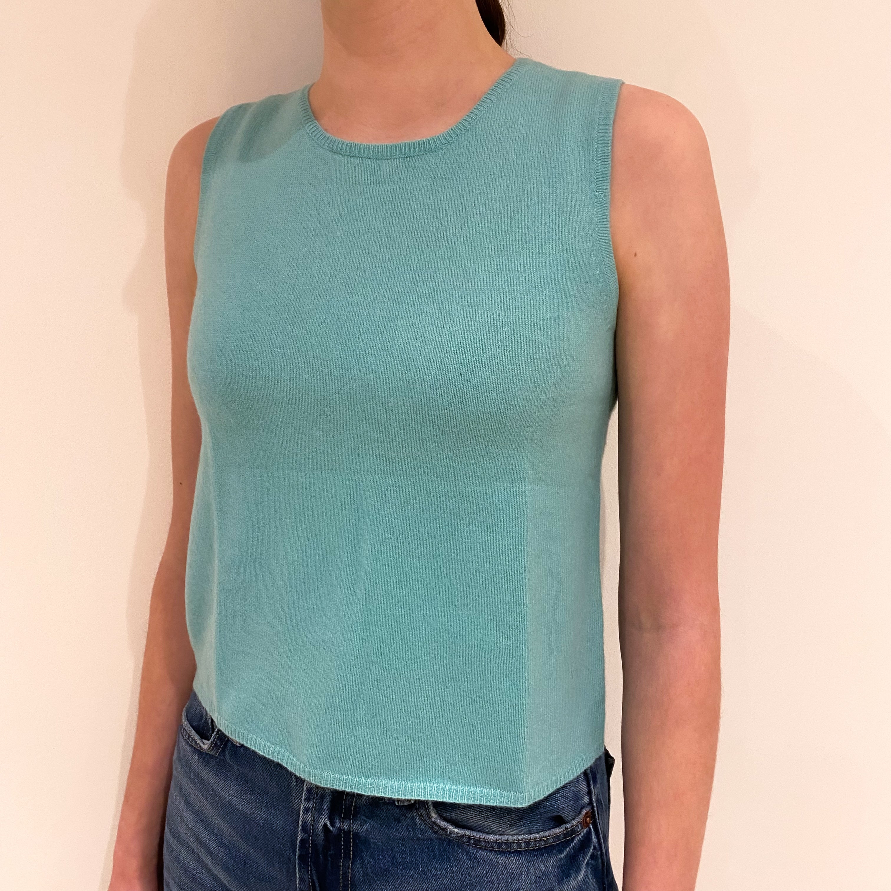 Pale Aqua Cashmere Crew Neck Tank Top Extra Small