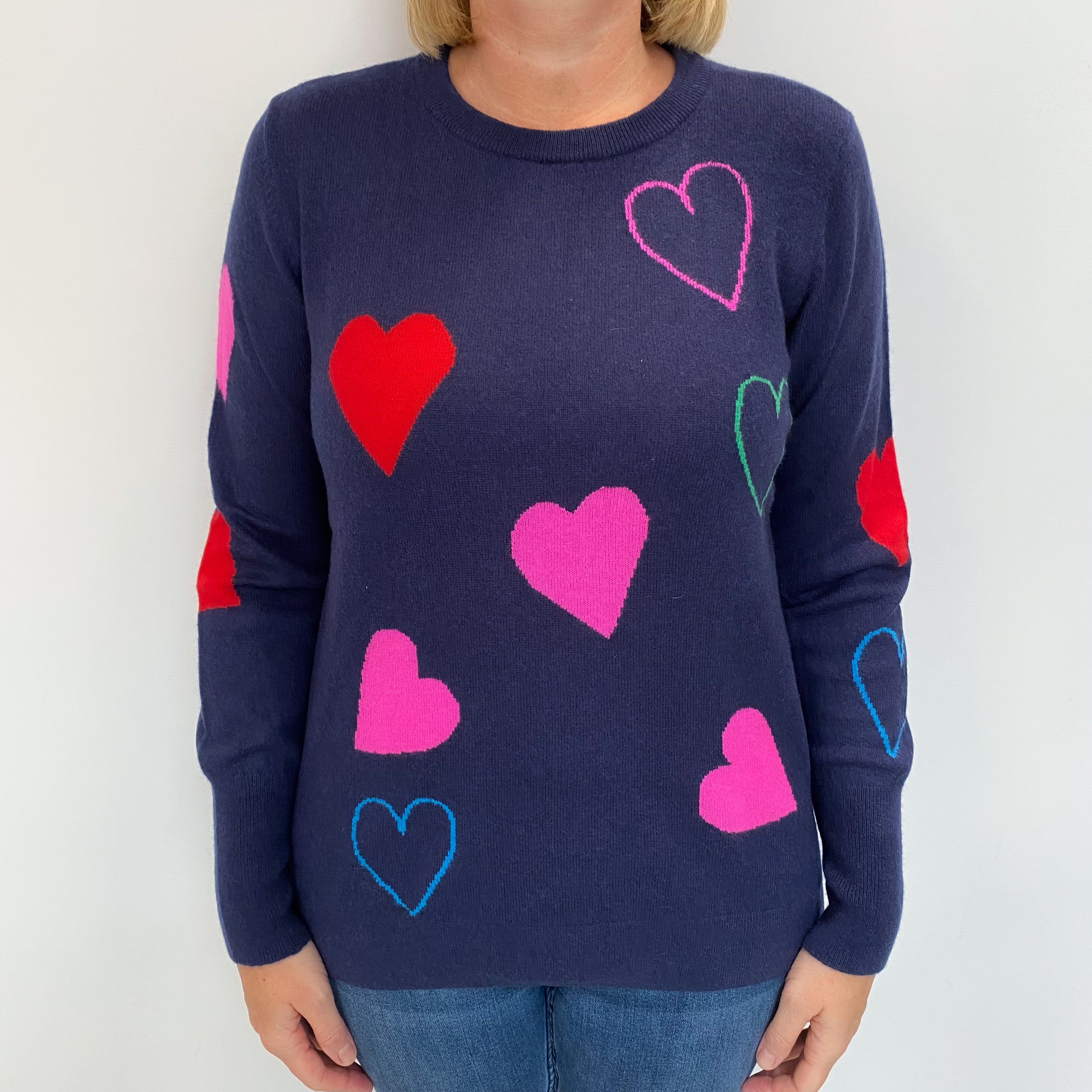 Navy Heart Design Cashmere Crew Neck Jumper Large