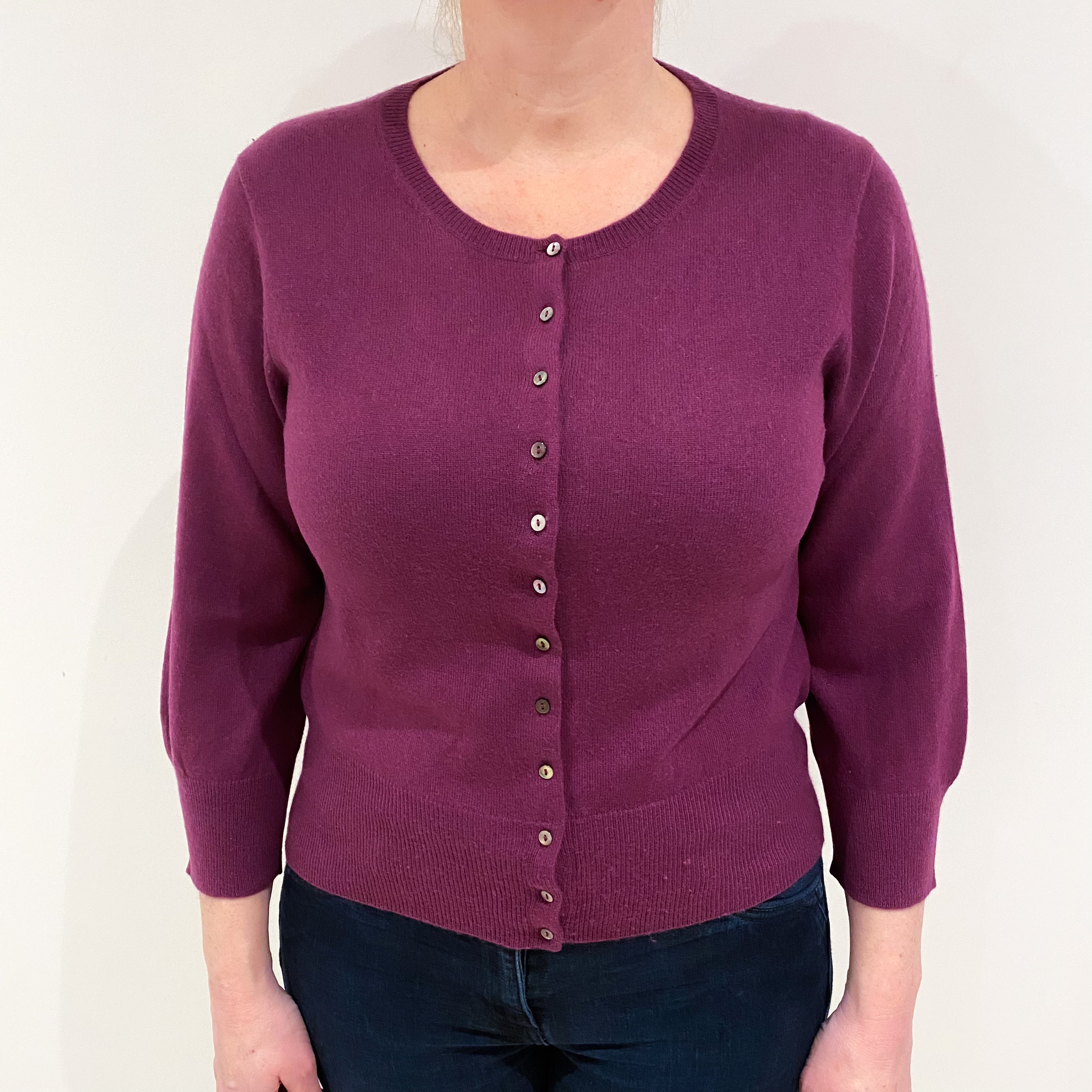 Plum Purple 3/4 Sleeve Cashmere Crew Neck Cardigan Large