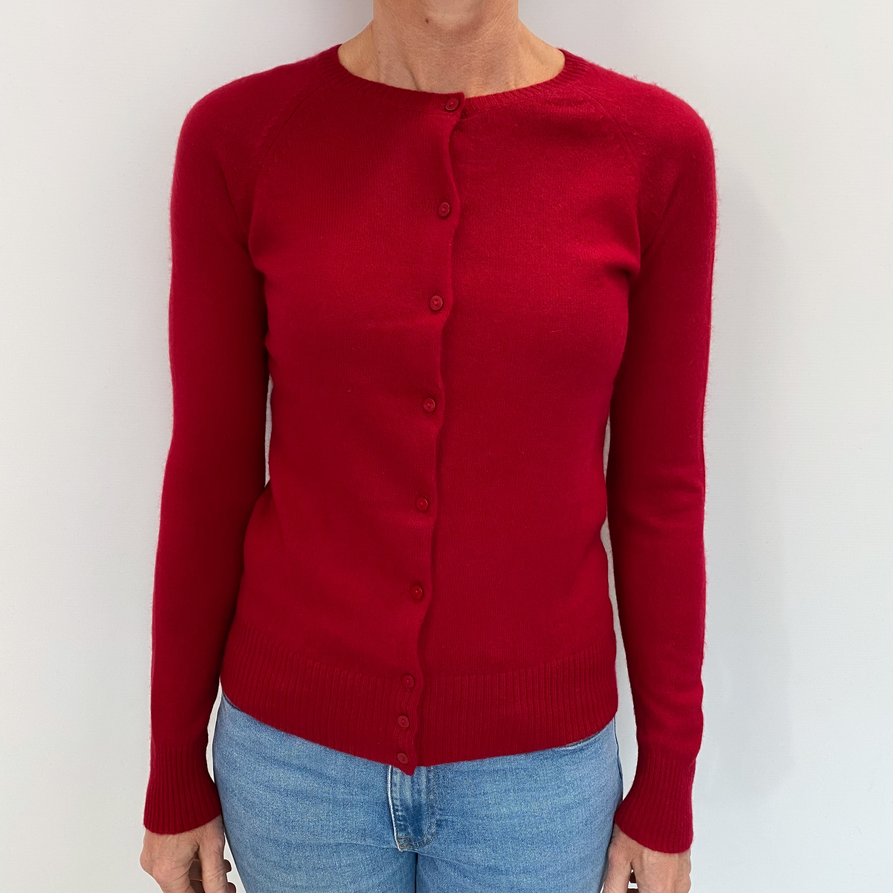 Post Box Red Cashmere Crew Neck Cardigan Small
