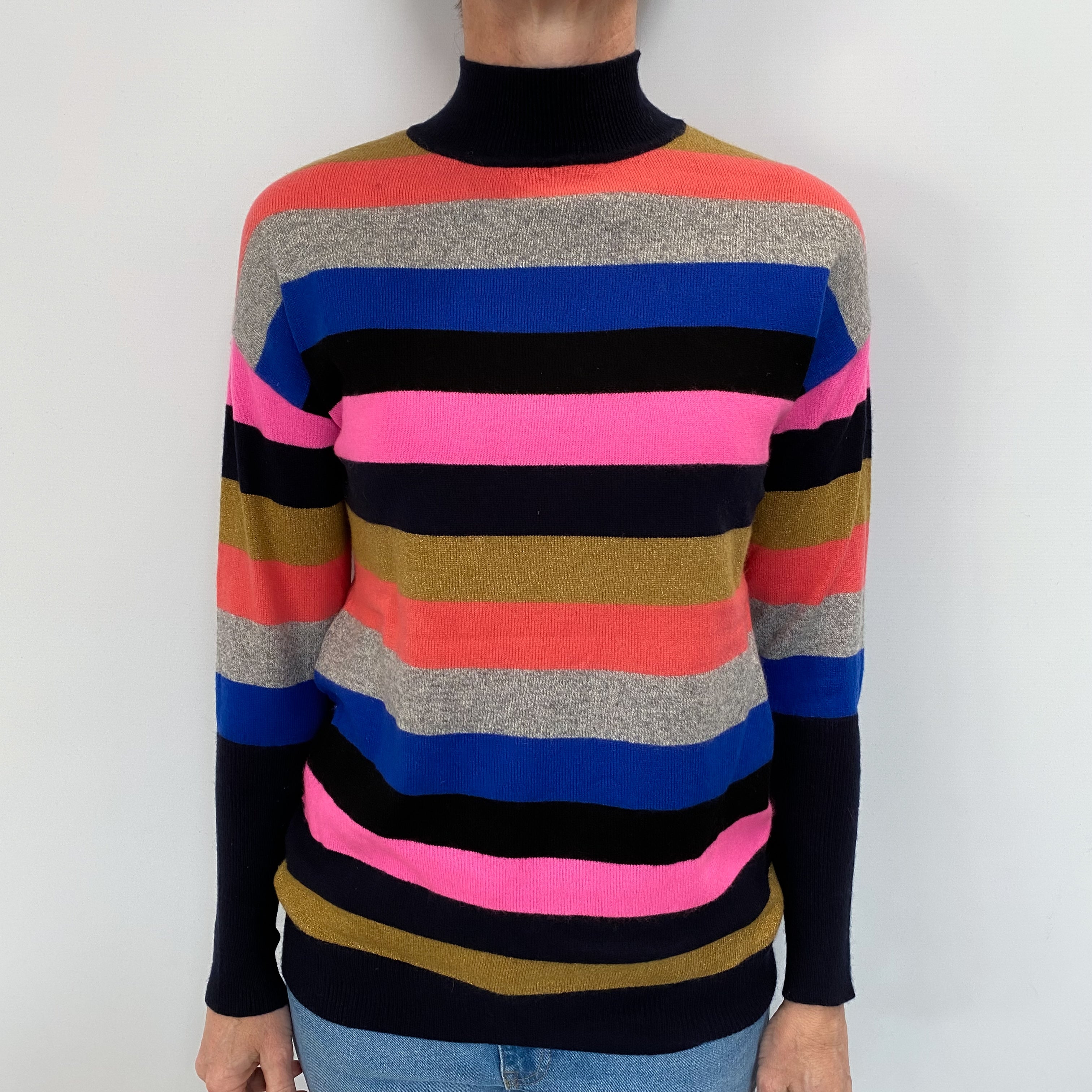 Multicoloured Striped Cashmere Turtle Neck Jumper Small