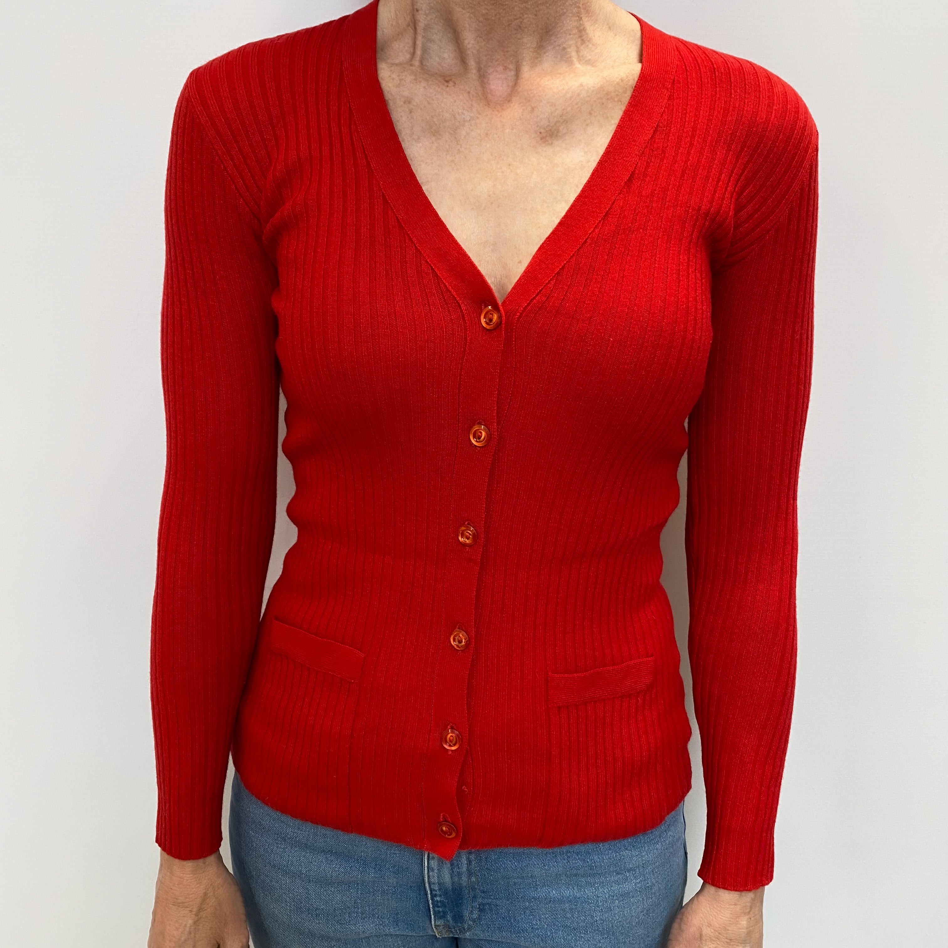 Vintage Scottish Tomato Red Cashmere V Neck Cardigan Small