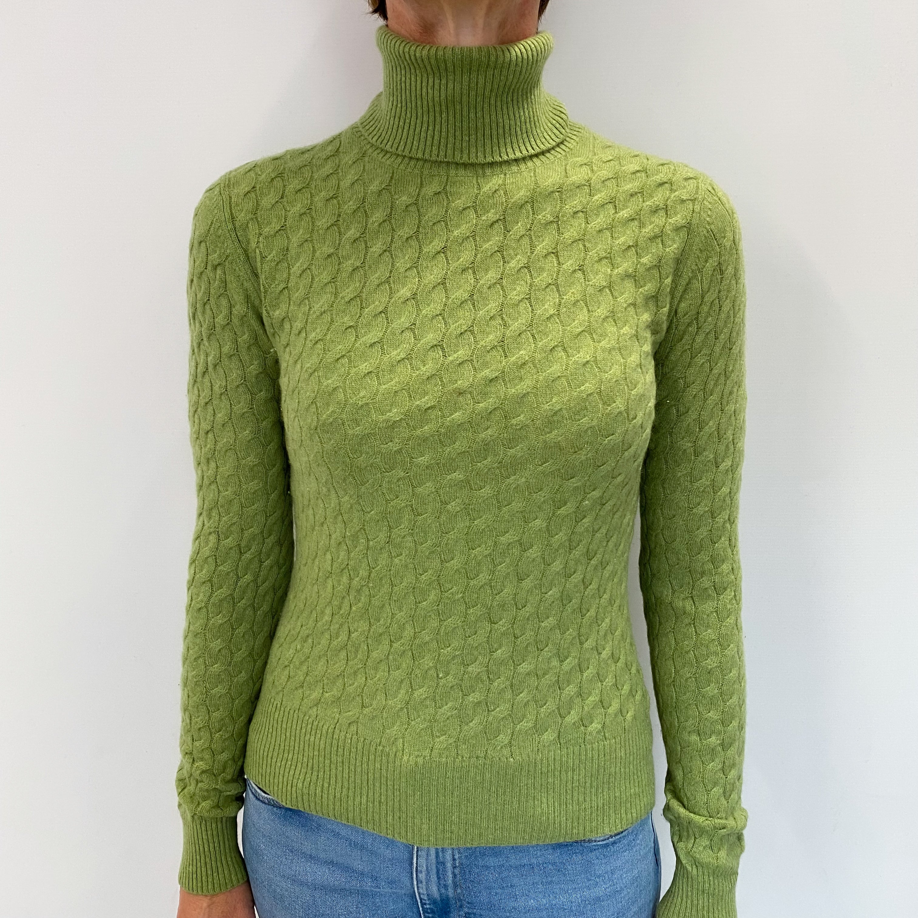 Pear Green Cashmere Polo Neck Cable Knit Jumper Small