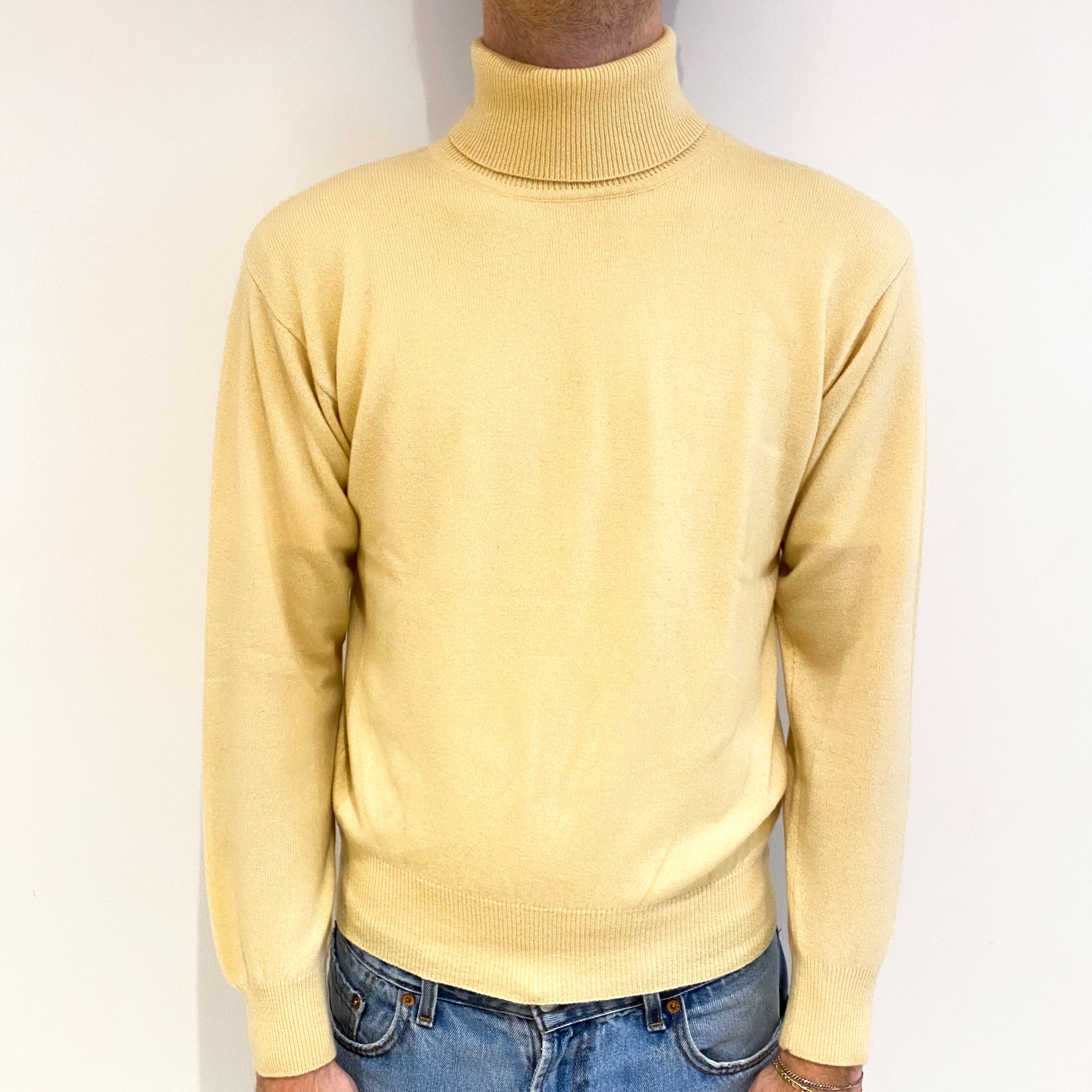 Men's Lemon Yellow Cashmere Polo Neck Jumper Medium