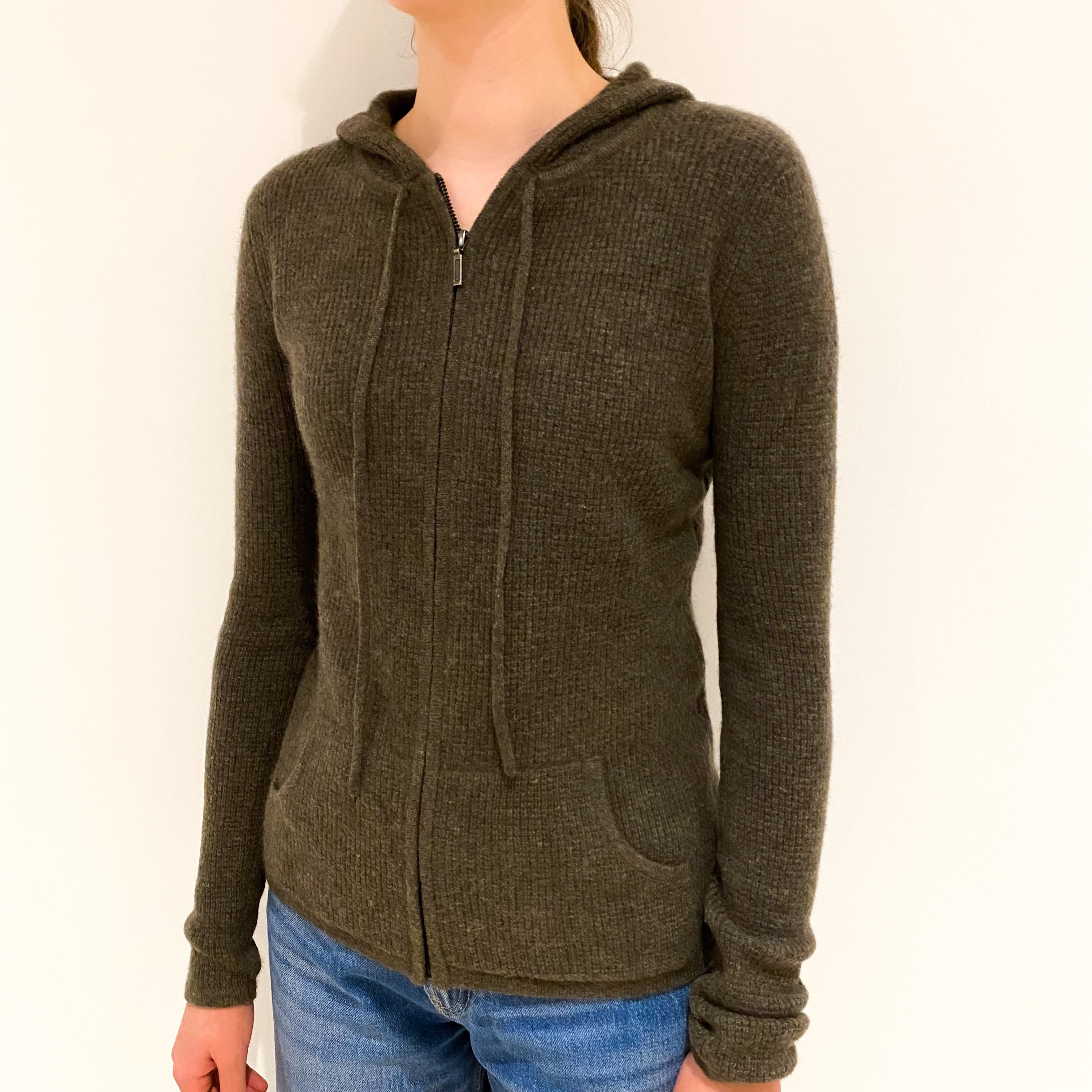 Khaki Green Cashmere Zipped Hoodie Extra Small