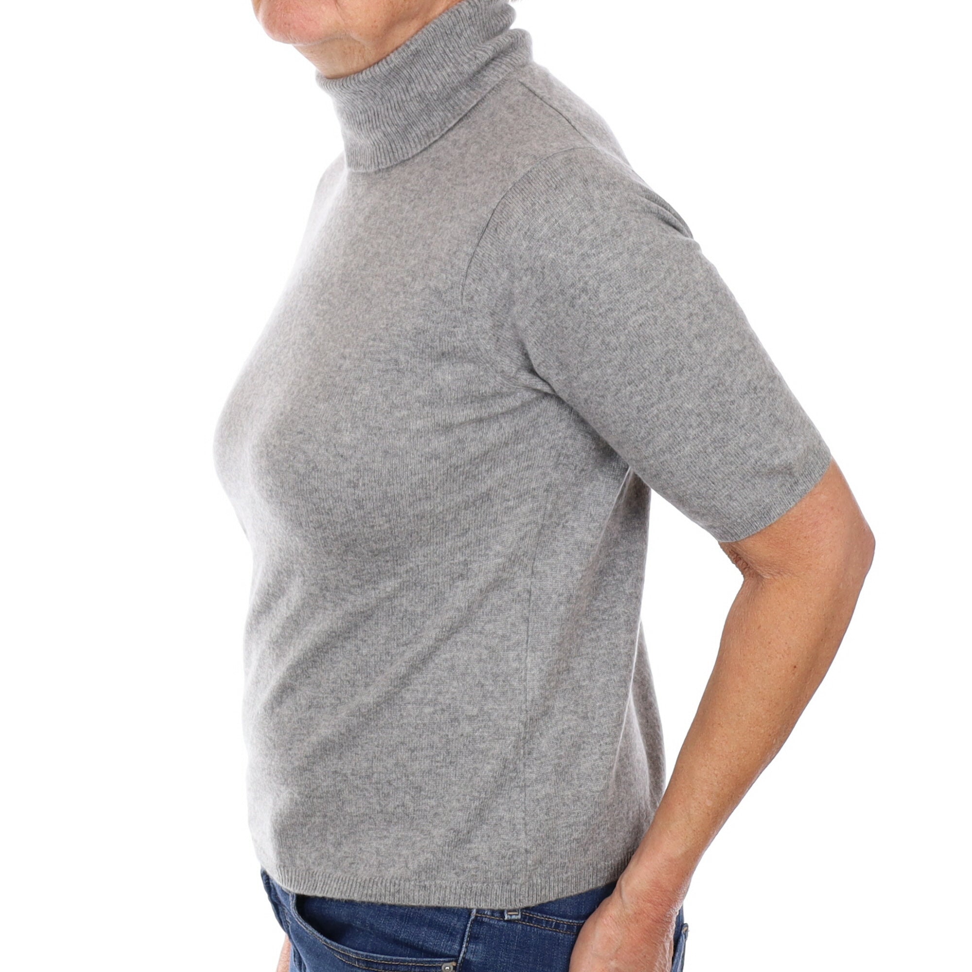Ash Grey Cashmere Short Sleeve Polo Neck Jumper Medium