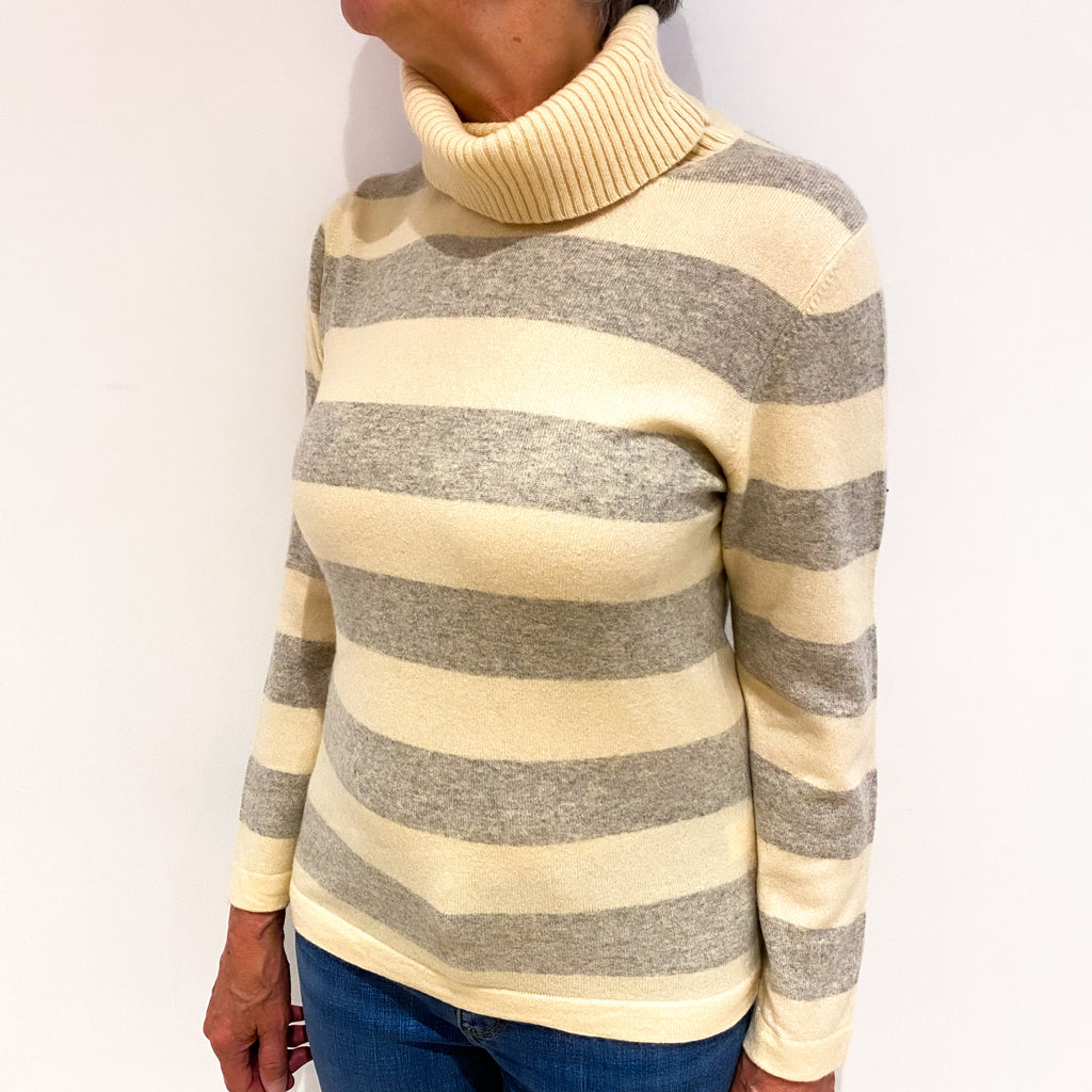 Cream And Grey Striped Cashmere Polo Neck Jumper Medium
