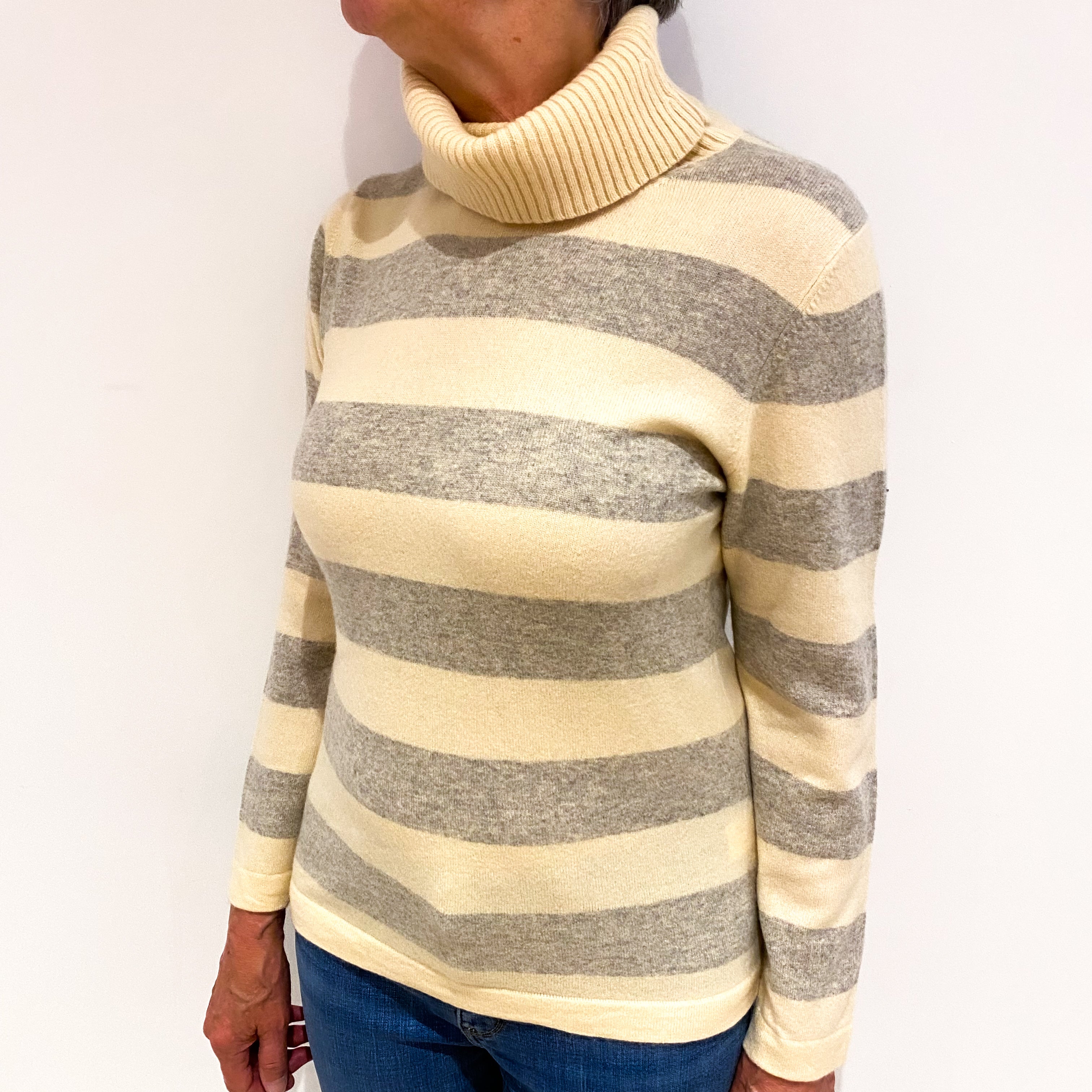 Cream And Grey Striped Cashmere Polo Neck Jumper Medium