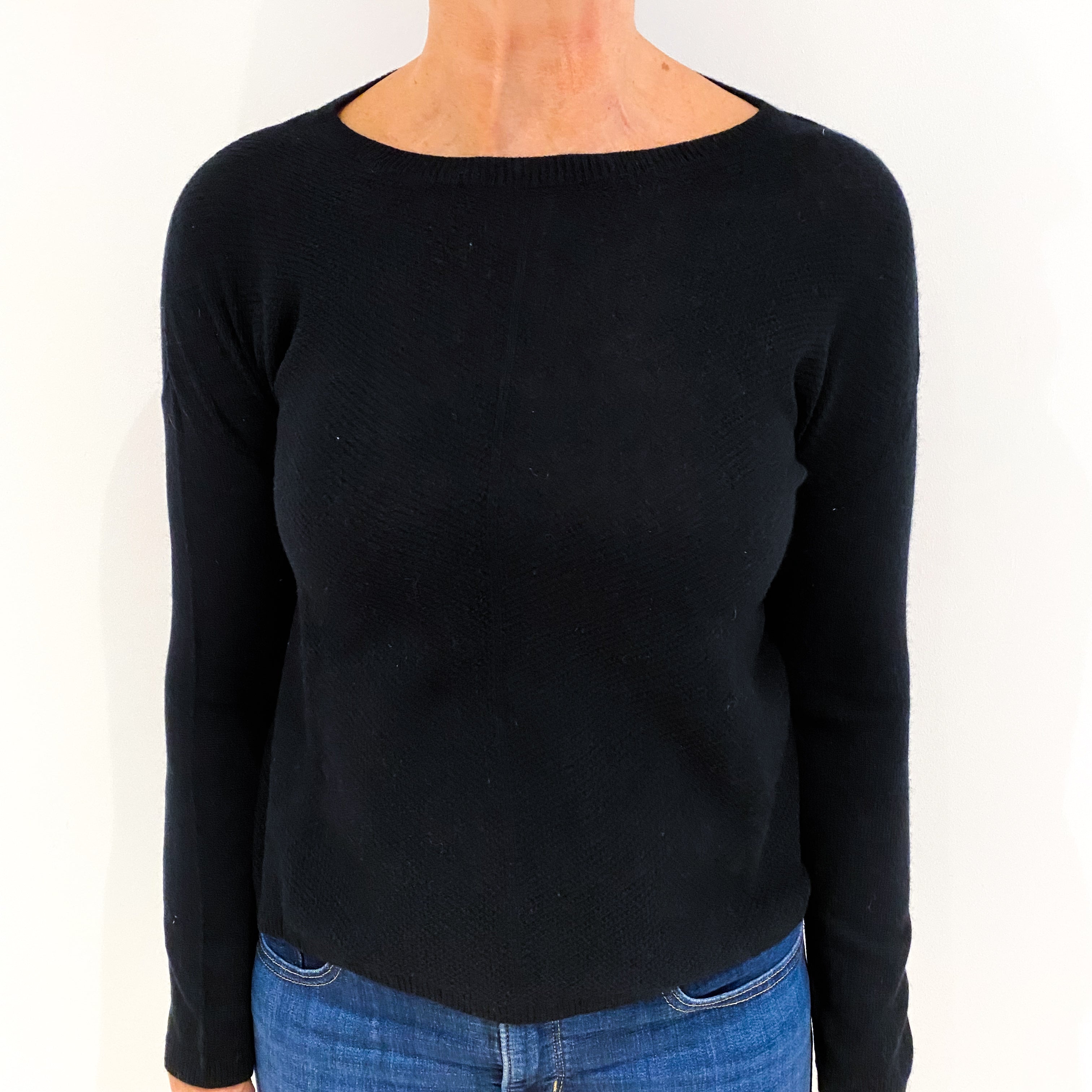 Black Textured Knit Cashmere Crew Neck Jumper Medium