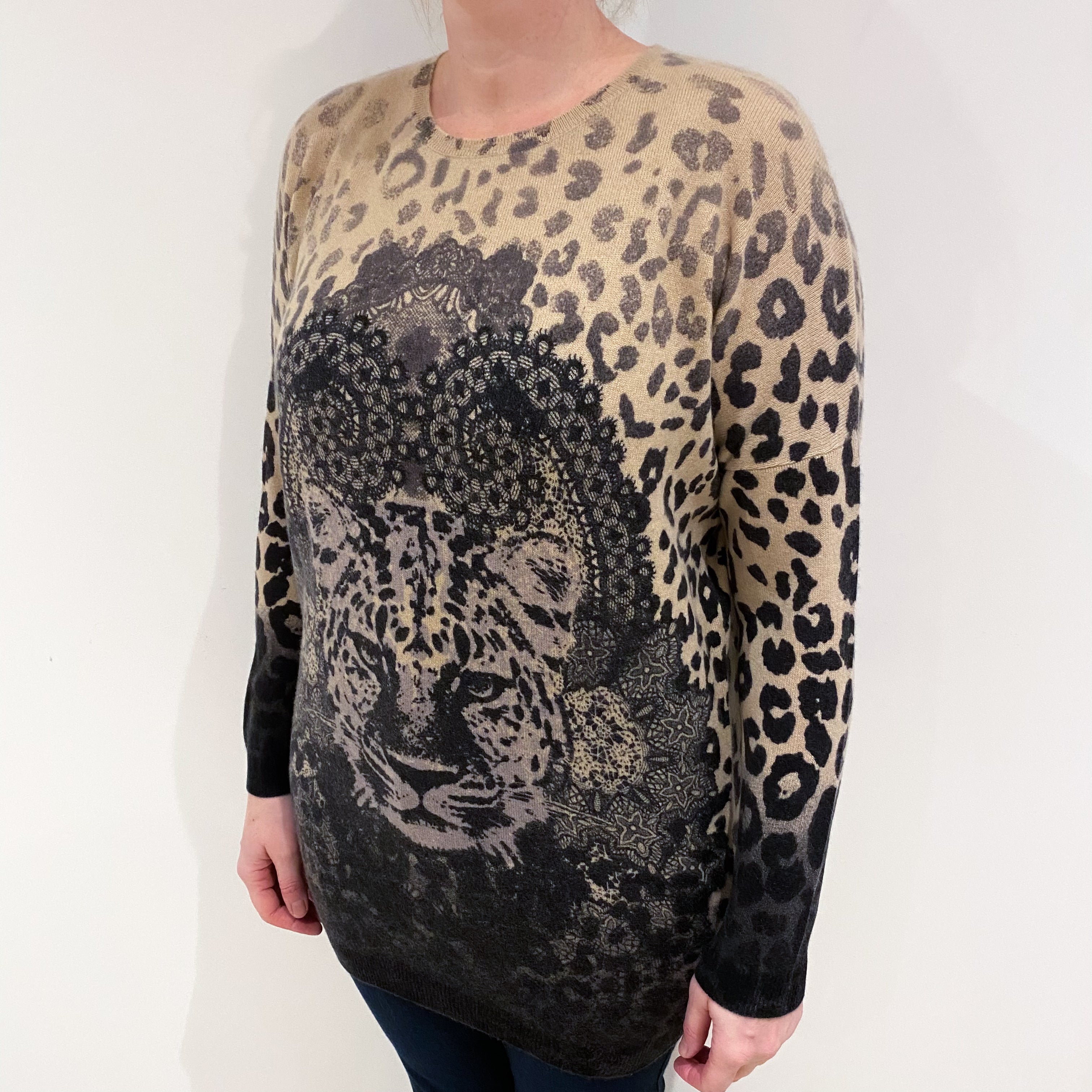 Beige and Charcoal Leopard Cashmere Crew Neck Jumper Large