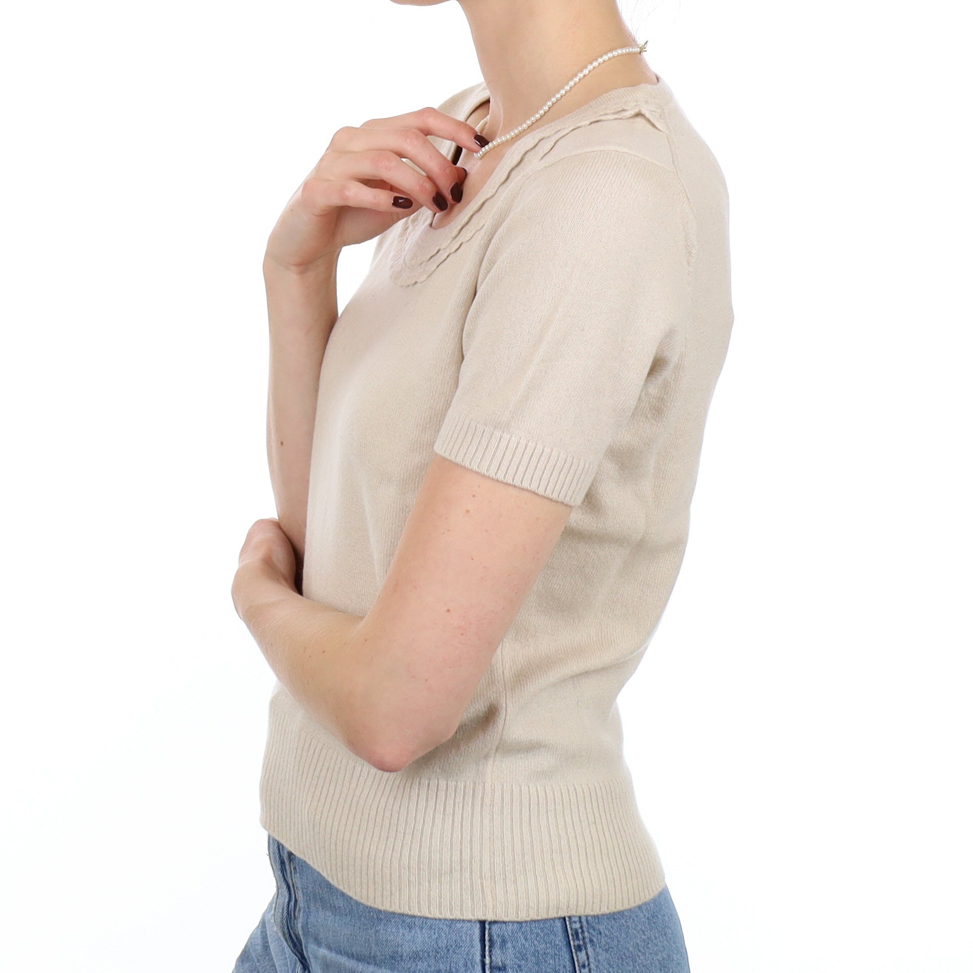 Beige Cashmere Short Sleeve Scoop Neck Jumper Small