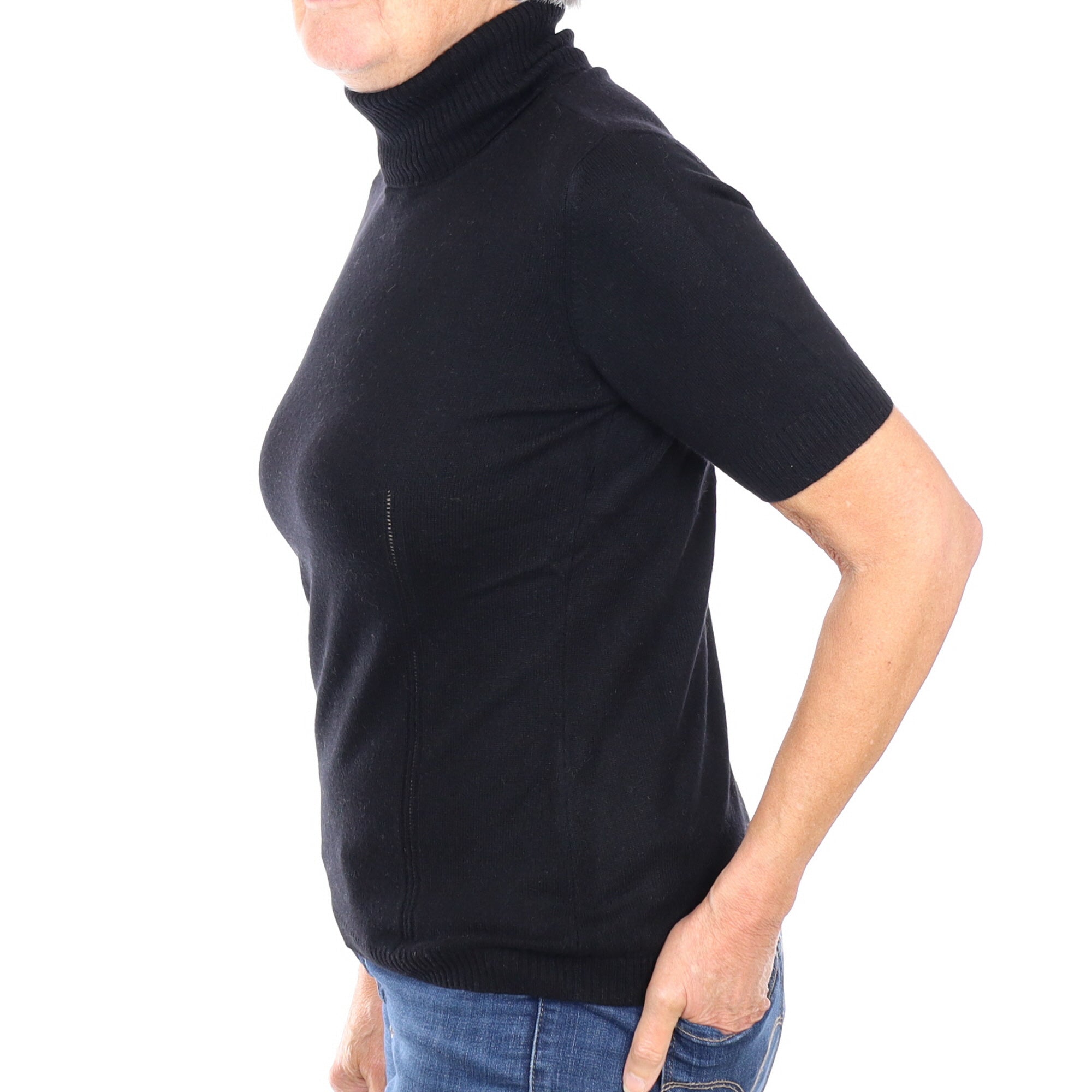Black Cashmere Short Sleeved Polo Neck Jumper Medium