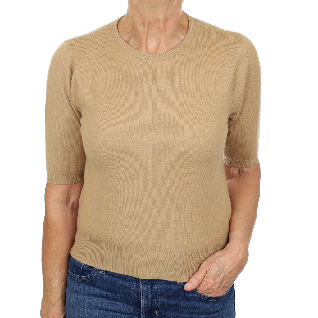 Camel Brown Cashmere Crew Neck Short Sleeved Jumper Medium