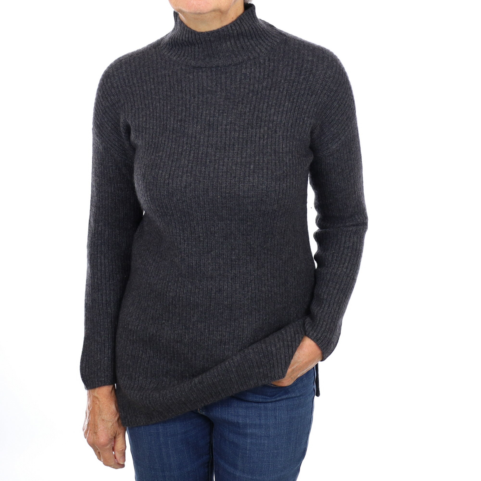 Slate Grey Chunky Rib Cashmere Turtle Neck Jumper Medium