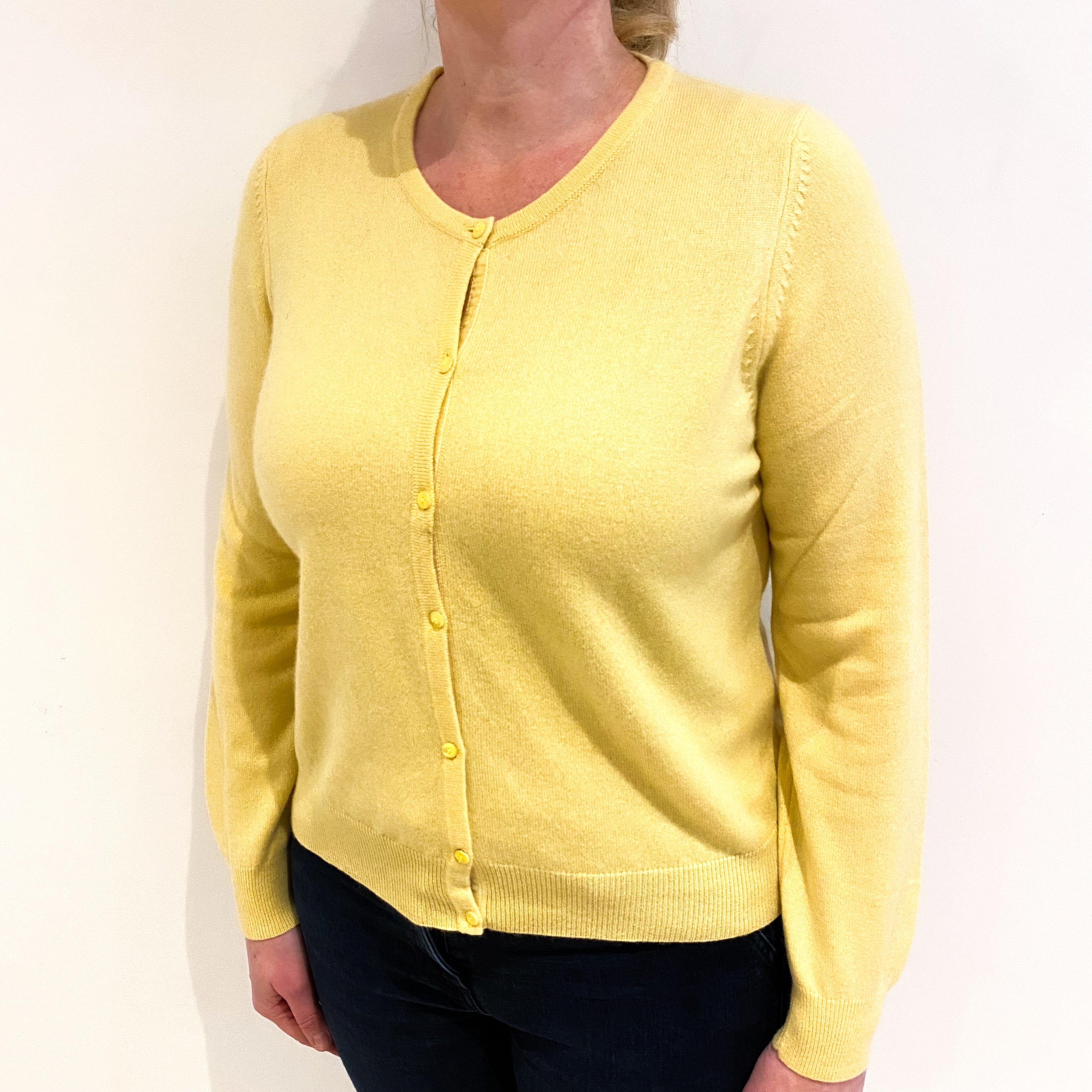 Lemon Yellow Cashmere Crew Neck Cardigan Large