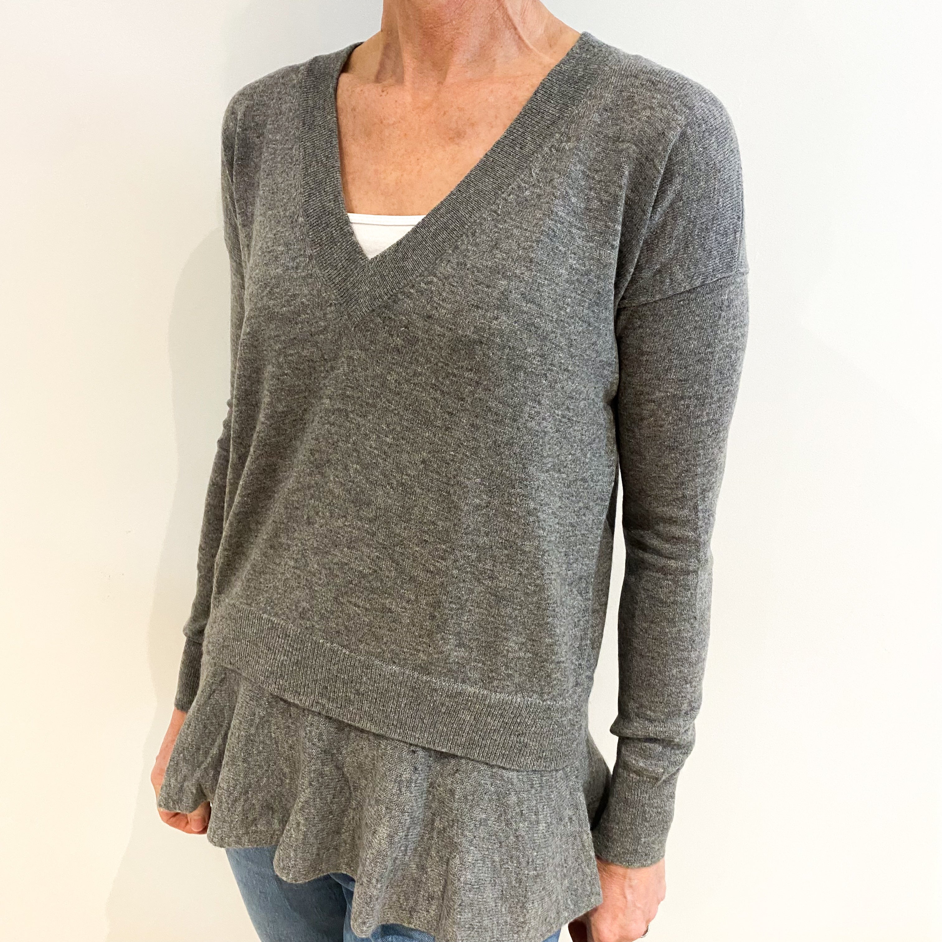 Smoke Grey Cashmere V Neck Jumper Small