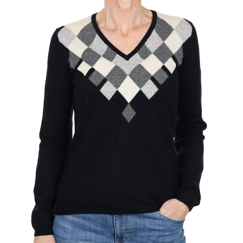 Black Grey Diamond Cashmere V Neck Jumper Small