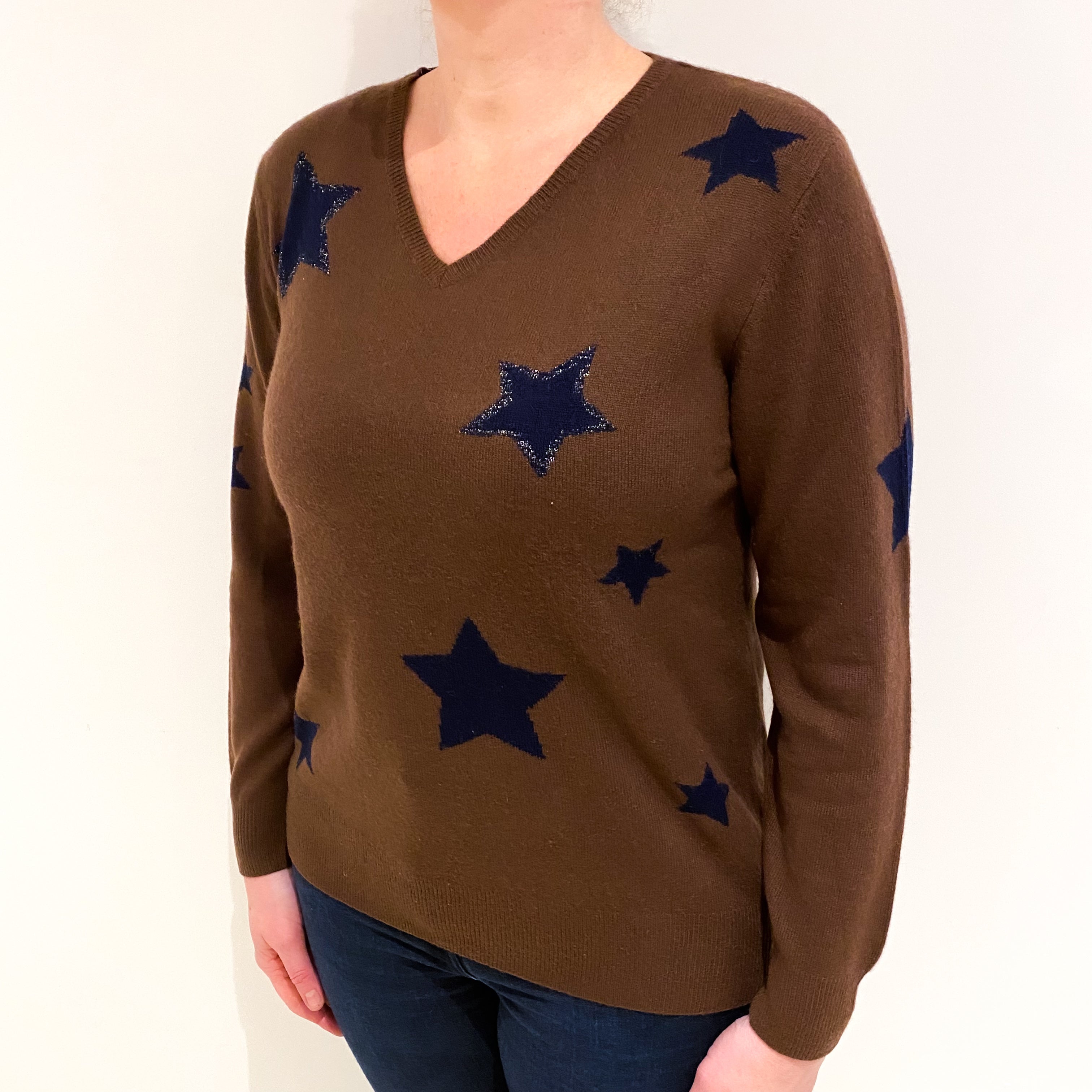 Chocolate Brown Navy Star Cashmere V Neck Jumper Large