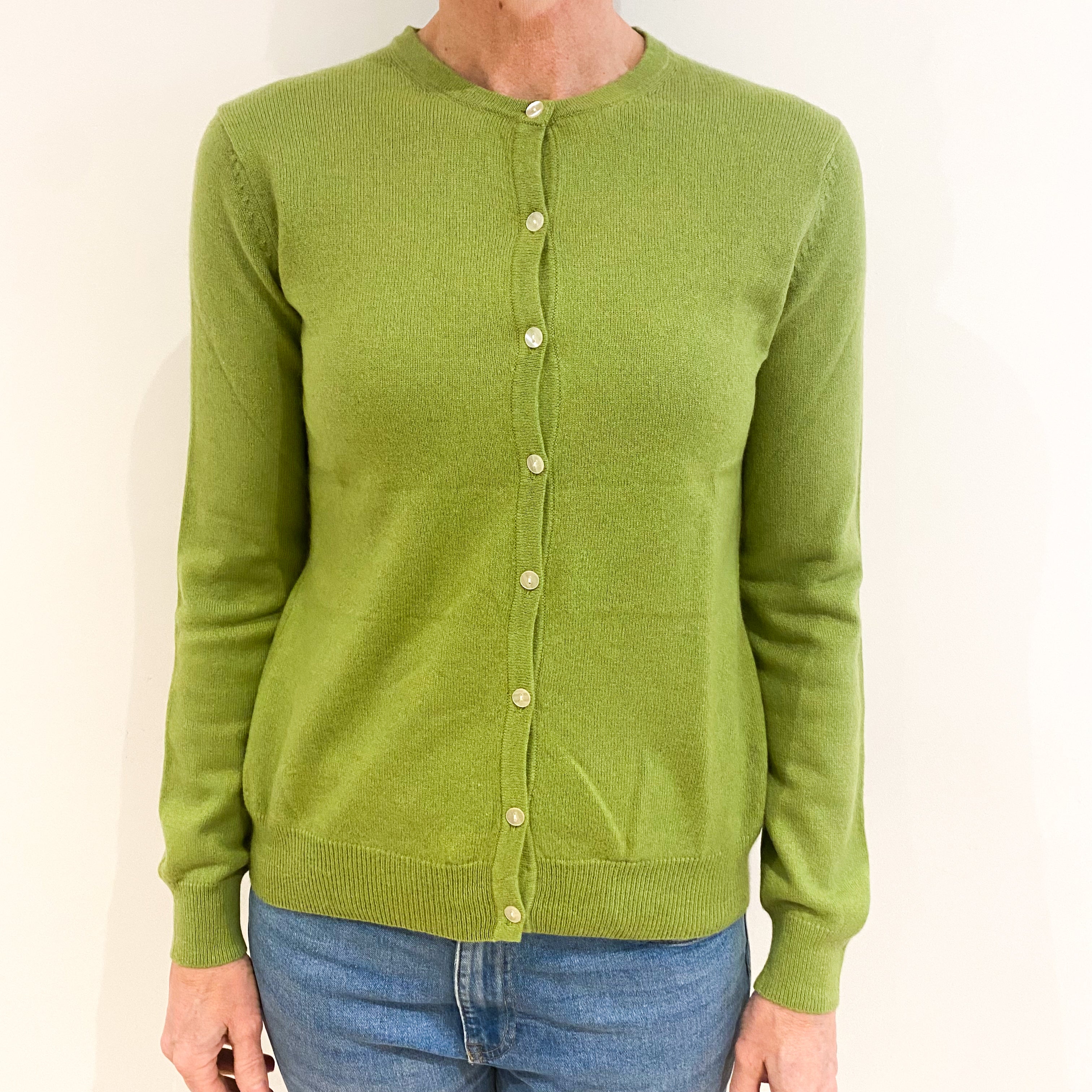 Bright Lime Green Cashmere Crew Neck Cardigan Small