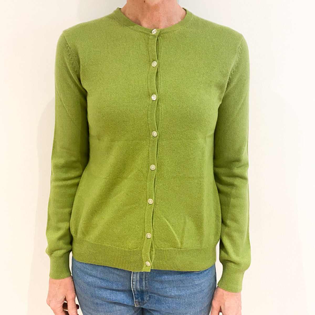 Bright Lime Green Cashmere Crew Neck Cardigan Small