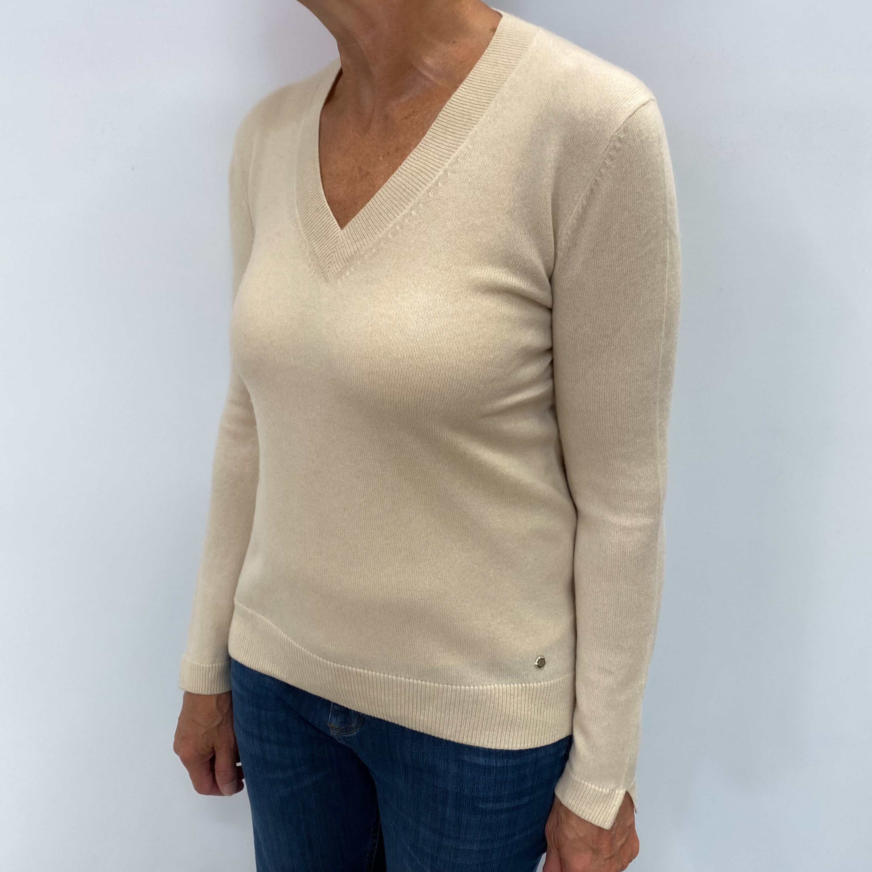 Sand Beige Cashmere V Neck Jumper Medium