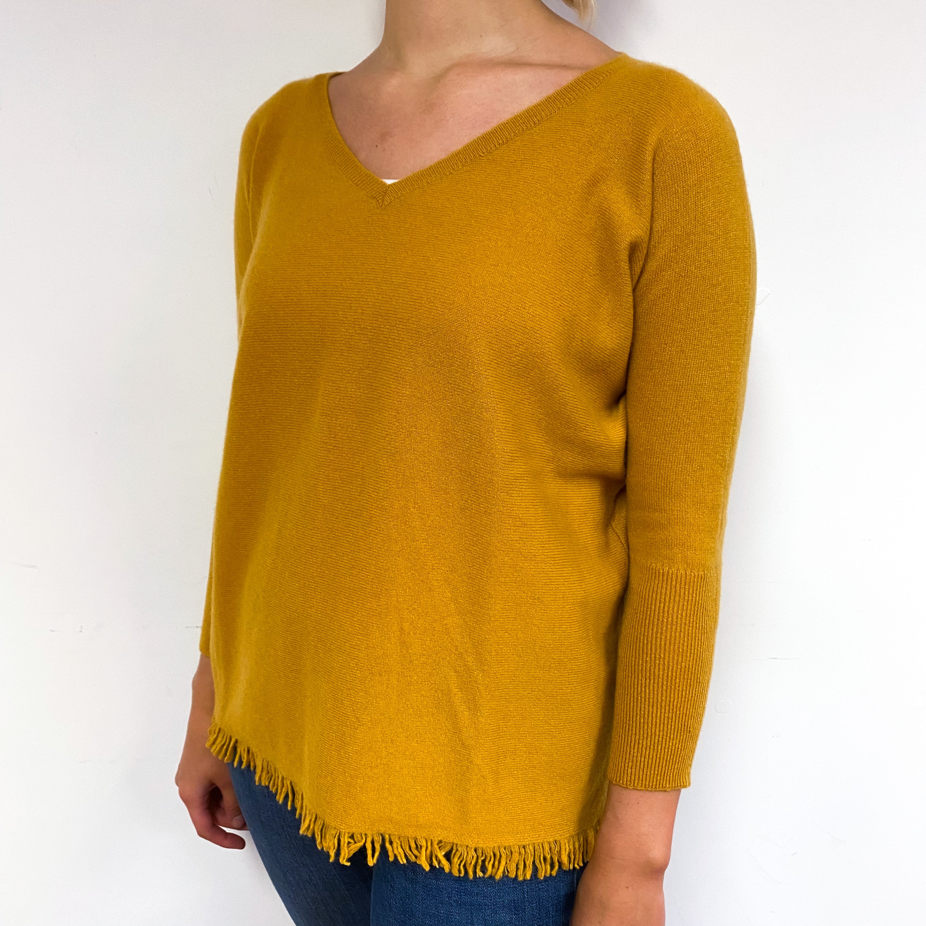 Ochre Orange Fringed Cashmere V-Neck Jumper Small