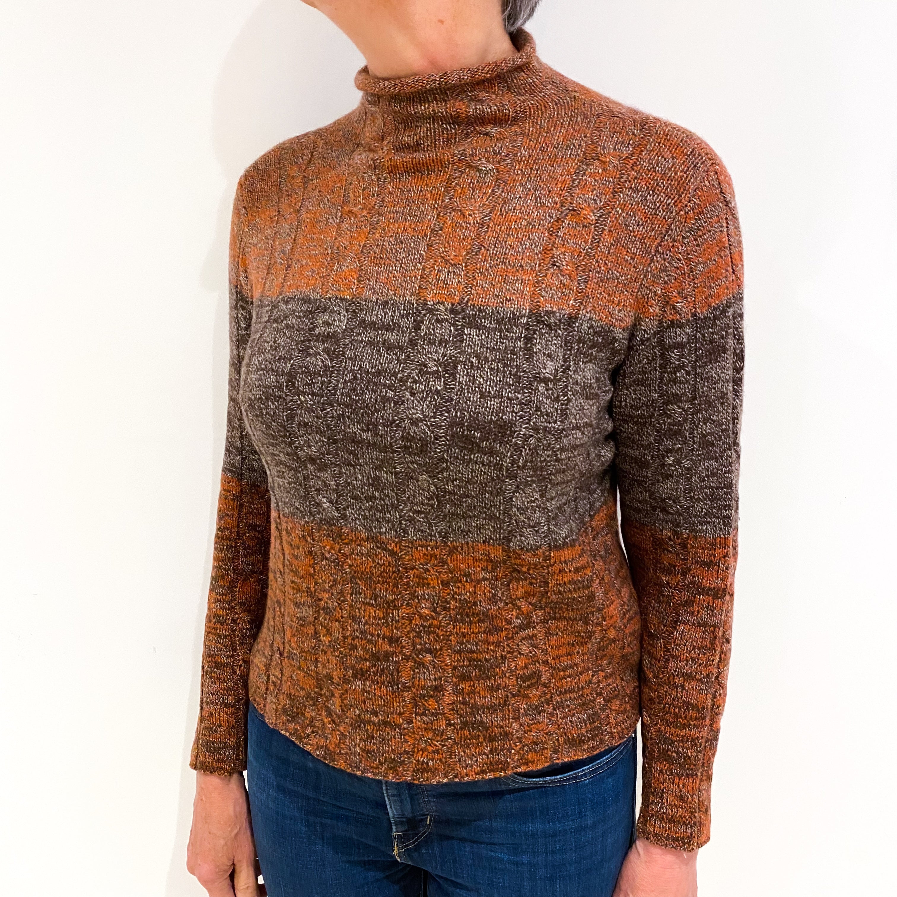 Rust Brown Marl Cashmere Funnel Neck Cable Knit Jumper Medium