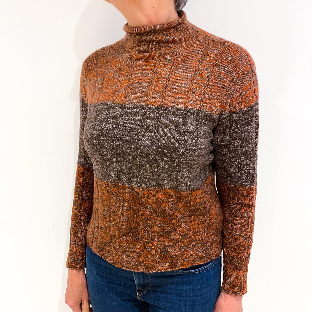 Rust Brown Marl Cashmere Funnel Neck Cable Knit Jumper Medium