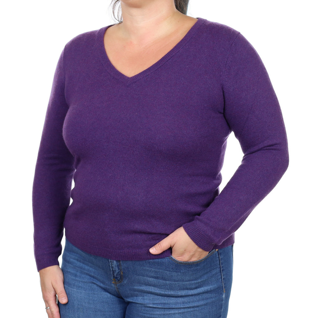 Blueberry Purple Cashmere V Neck Jumper Large
