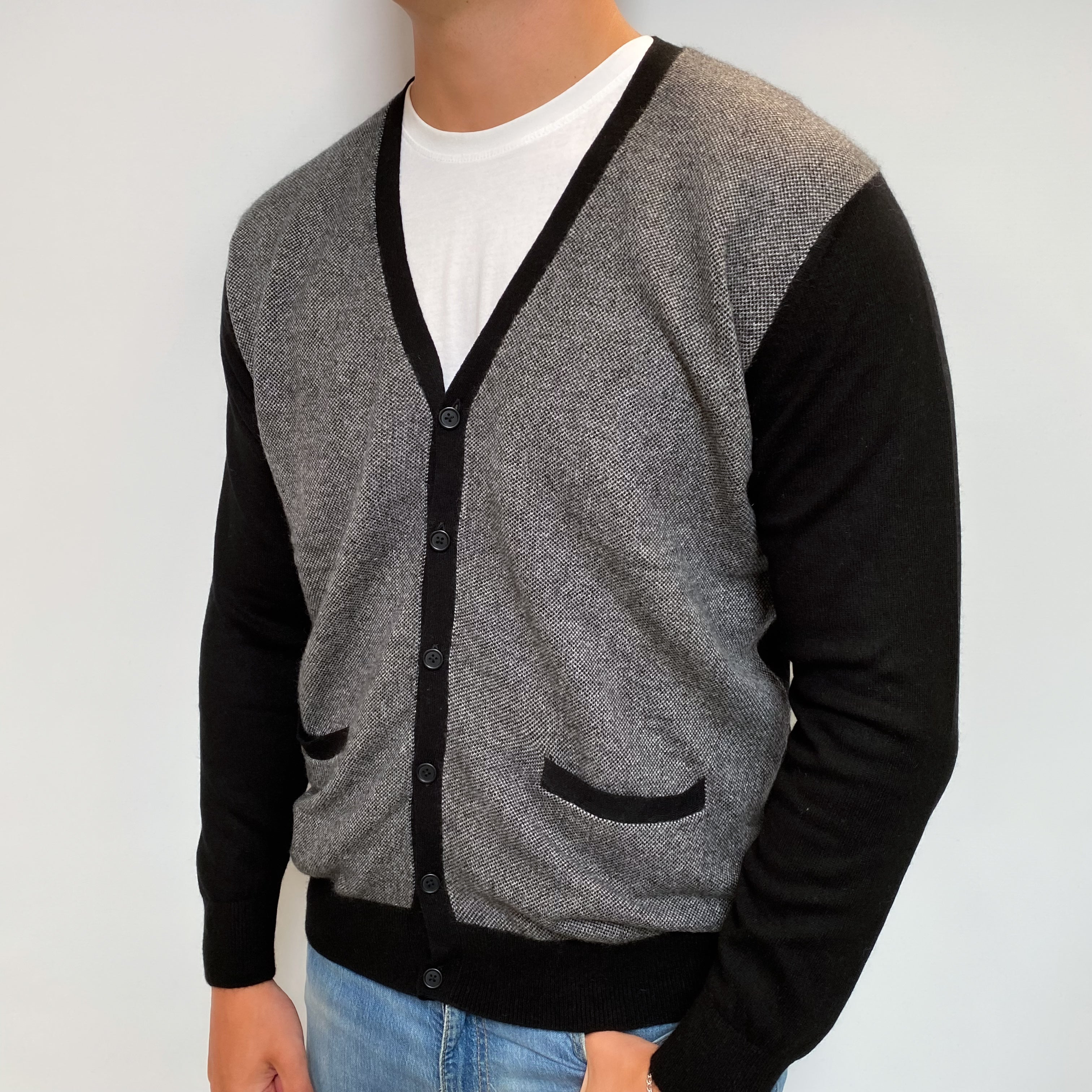 Men's Black And Grey Cashmere V Neck Cardigan XL
