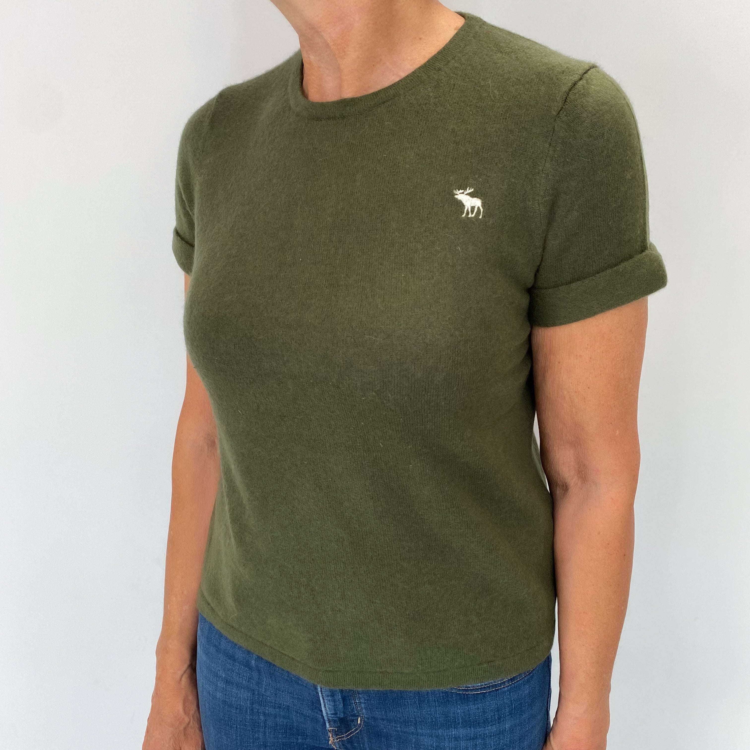 Deep Khaki Cashmere Short Sleeved Crew Neck Jumper Medium