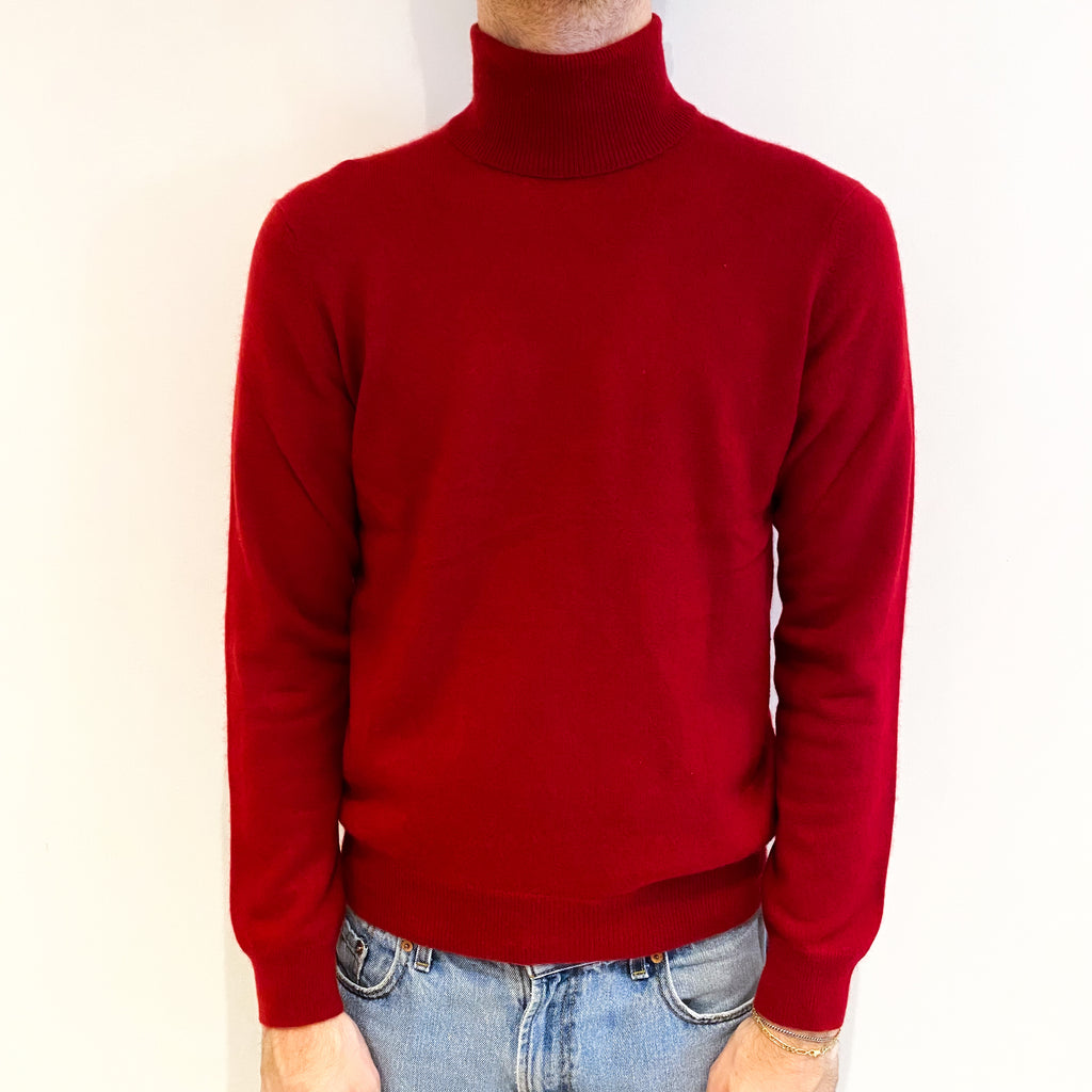 Men's Tomato Red Cashmere Polo Neck Jumper Medium