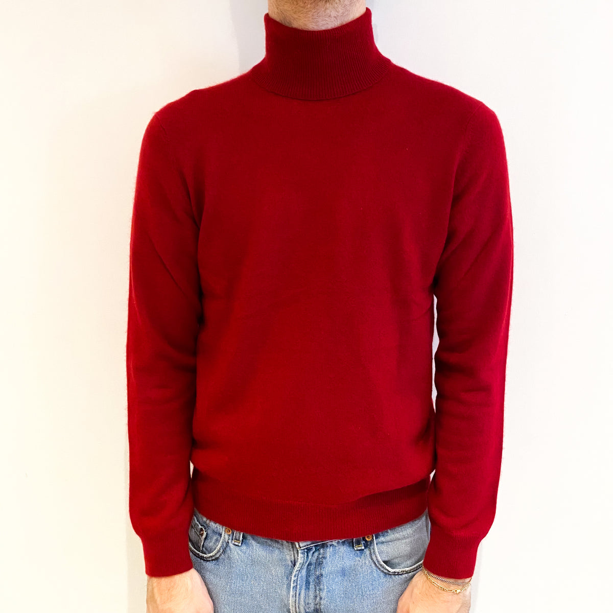 Men's Tomato Red Cashmere Polo Neck Jumper Medium