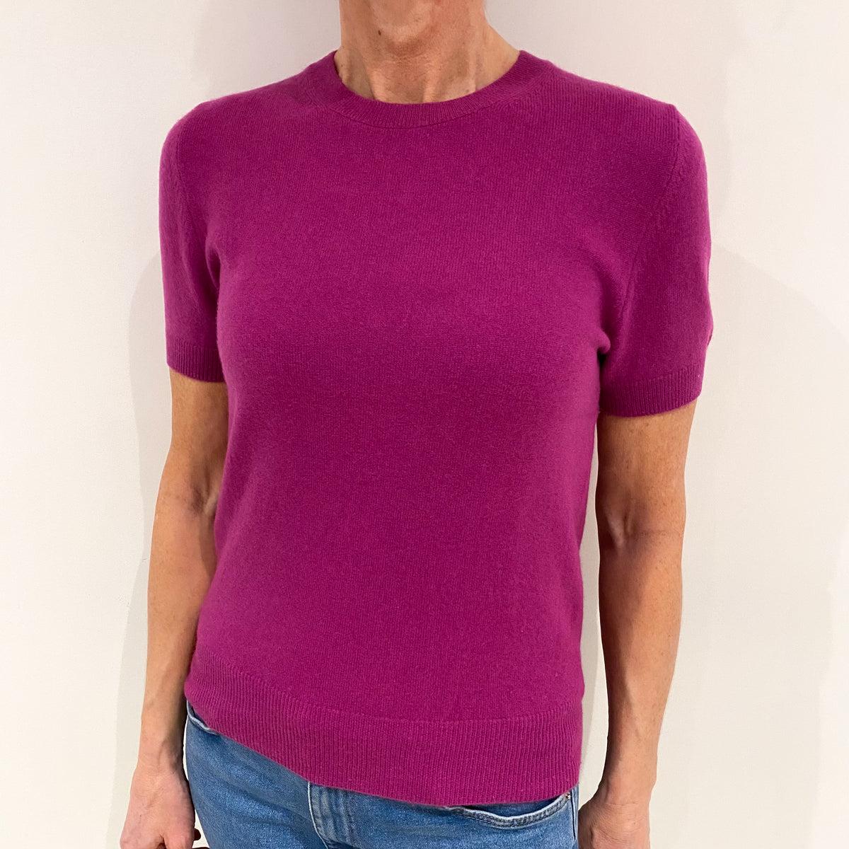 Magenta Pink Cashmere Short Sleeved Crew Neck Jumper Small