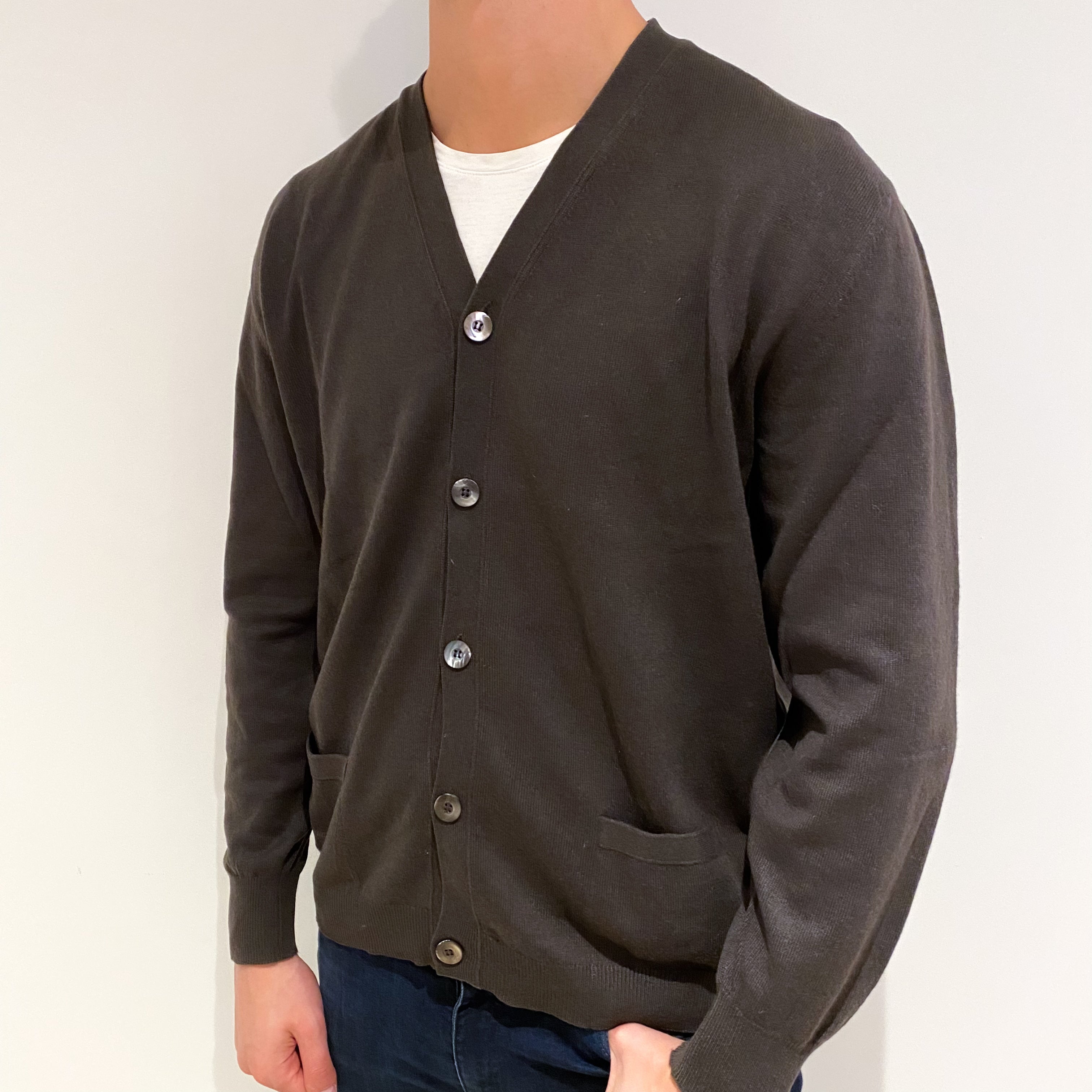 Men's Chocolate Brown Cashmere V Neck Cardigan XL